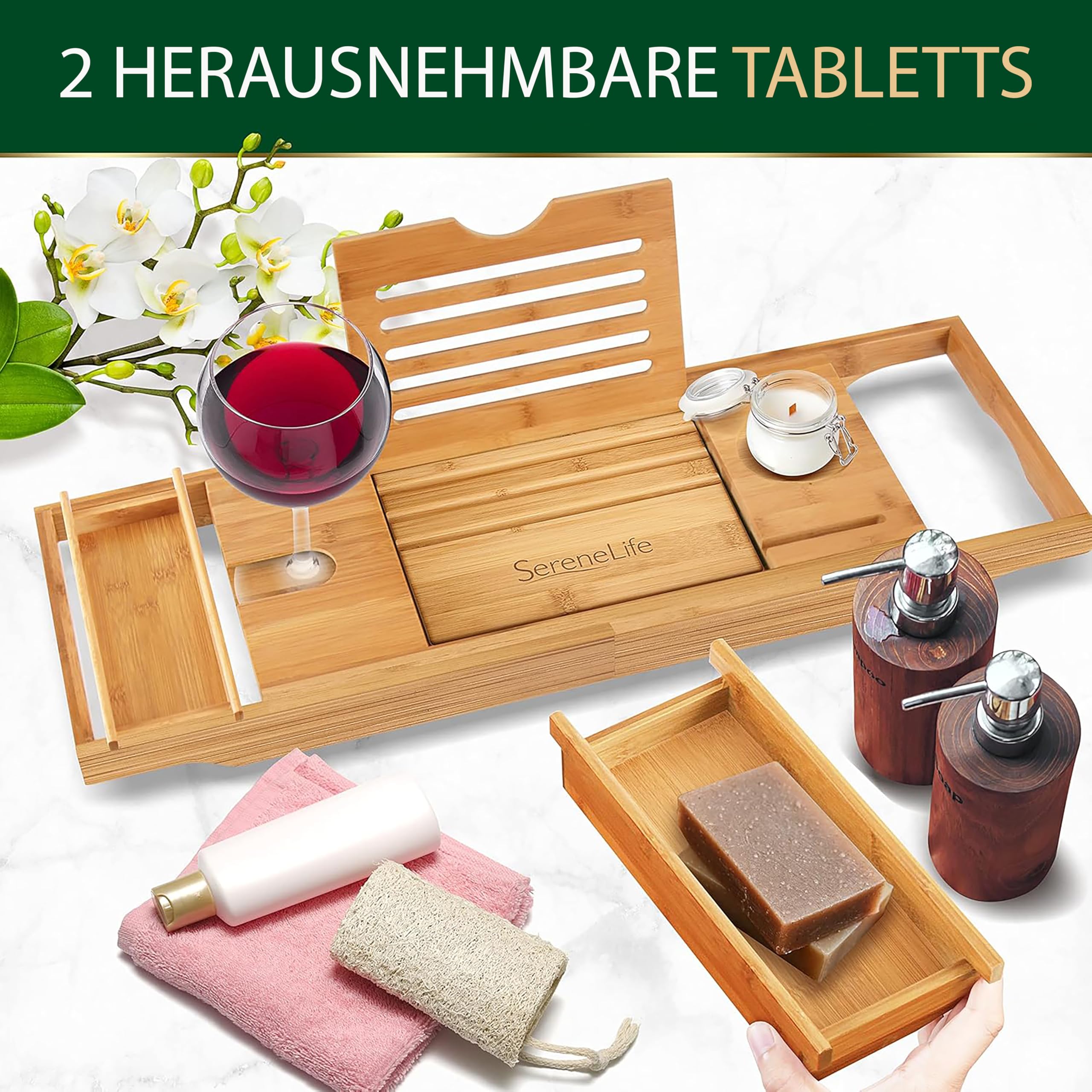 SereneLife Badewannenablage aus Bambus 2-in-1 als Bett Tablett – Ausziehbares Badewannenbrett 75–108 cm, höhenverstellbar, klappbar mit stabiler Buch- und Tabletstütze