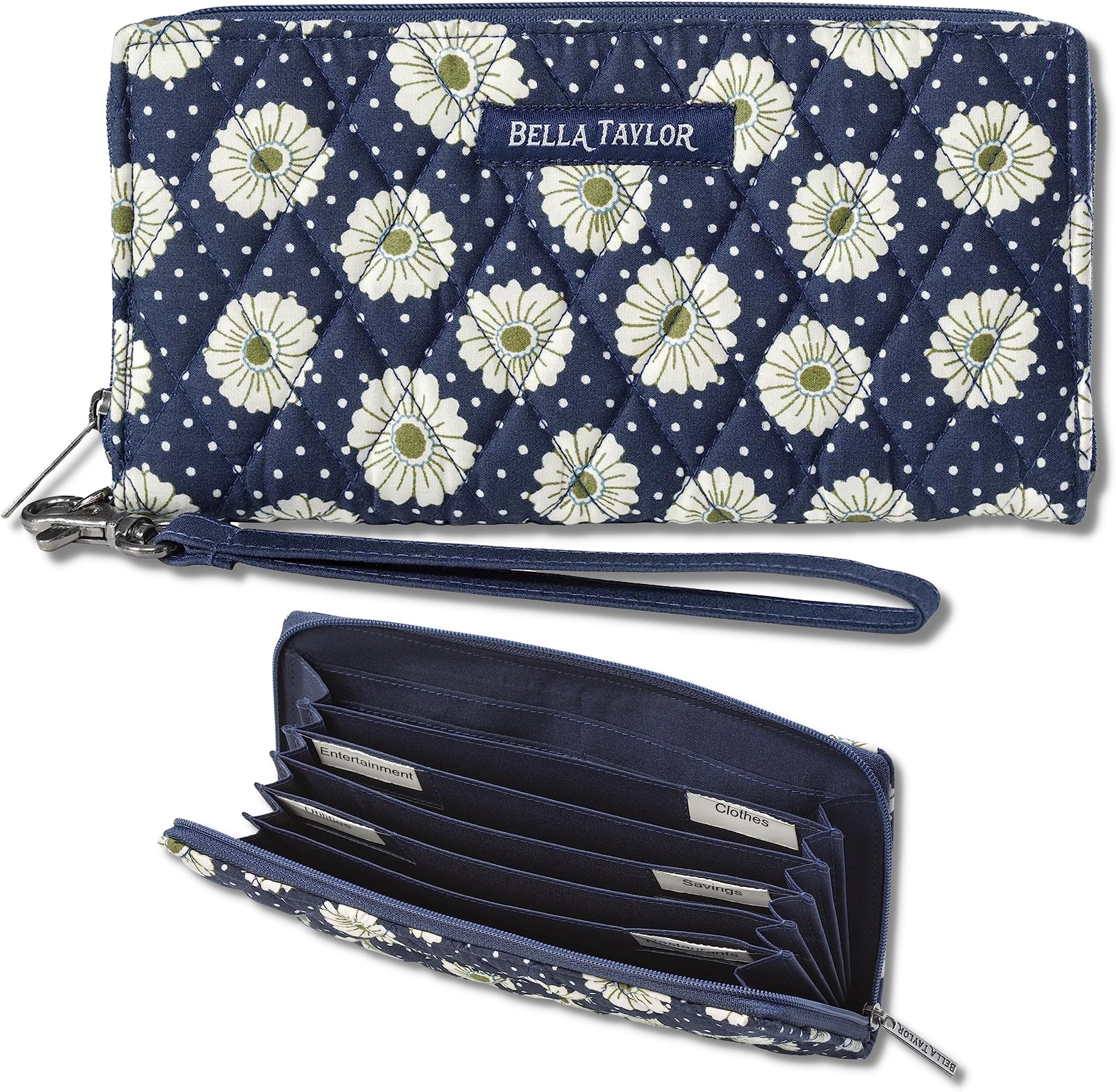 Bella TaylorRFID Wristlet Envelope Wallet for Cash Envelope Budgeting | Small Money Organizer Budget Wallet | Cash Stuffing Wallet | Quilted Cotton Dotted Daisy Navy Floral