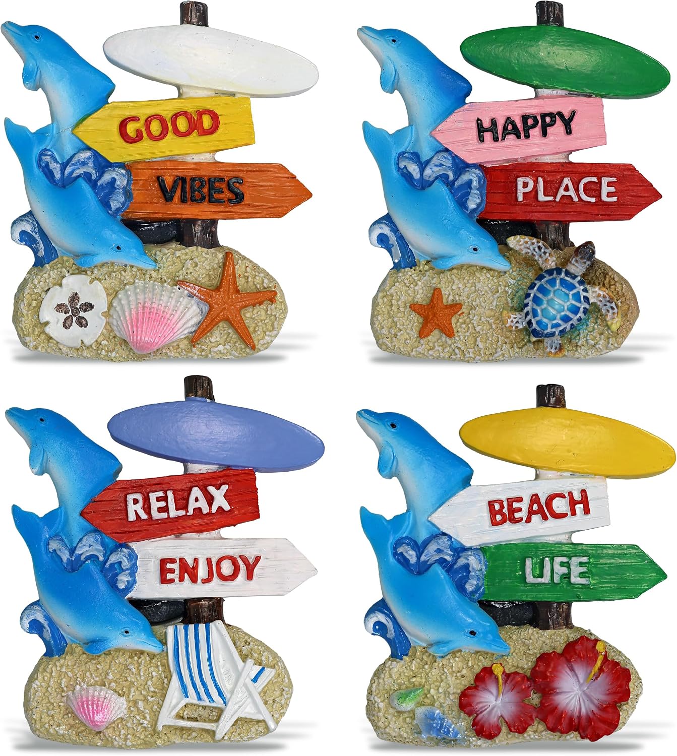 CoTa Global Beach Sign Dolphin Refrigerator Nautical Magnets Set of 4 - Resin Beach Design Magnet, Fun and Cute Ocean Magnets for Kitchen Fridge, Locker, Home Decor and Office Decor Novelty - 4 Pack