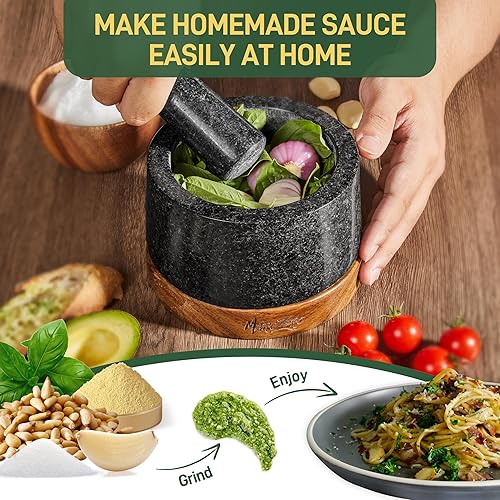 Miniatura 5 de Juego de mortero y mortero grande de 6 pulgadas con base de madera antiarañazos, mortero resistente y mortero hecho de granito natural (negro)