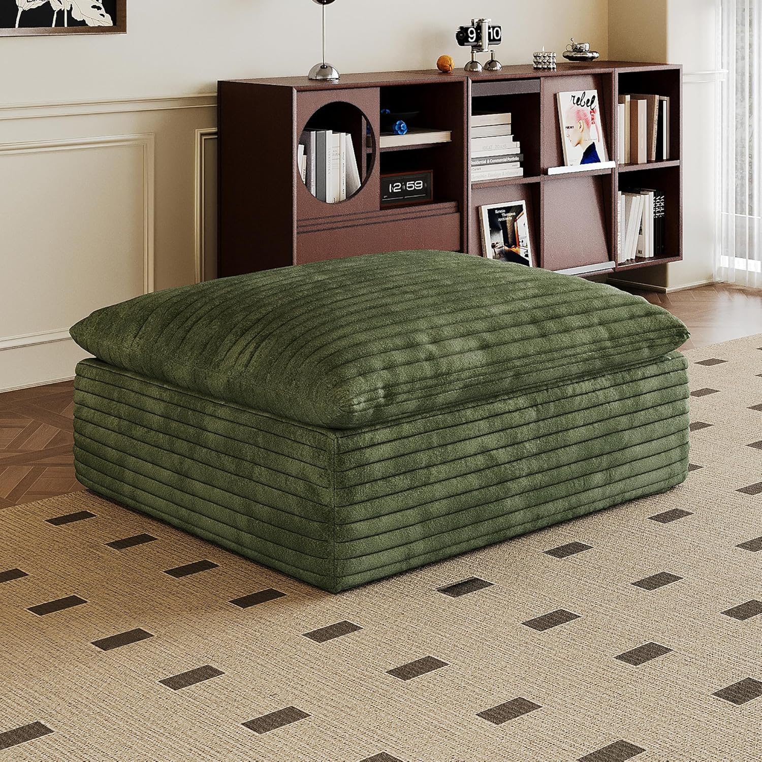 LUCKHAO 27.5" Ottoman Seat, Corduroy Upholstered Deep Seat, Comfy Cloud Couch with Movable Ottoman, DIY Combination, Plush Corduroy, Green