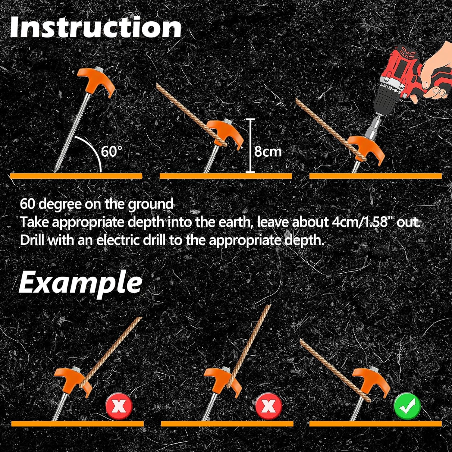 8" Heavy Duty Screw in Tent Stakes, Metal Camping Stakes, Drill-In Ground Anchor, Threaded Stakes for Canopies, Gardening, Yard Inflatables, with Hex Socket and Storage Bag (20, Orange)