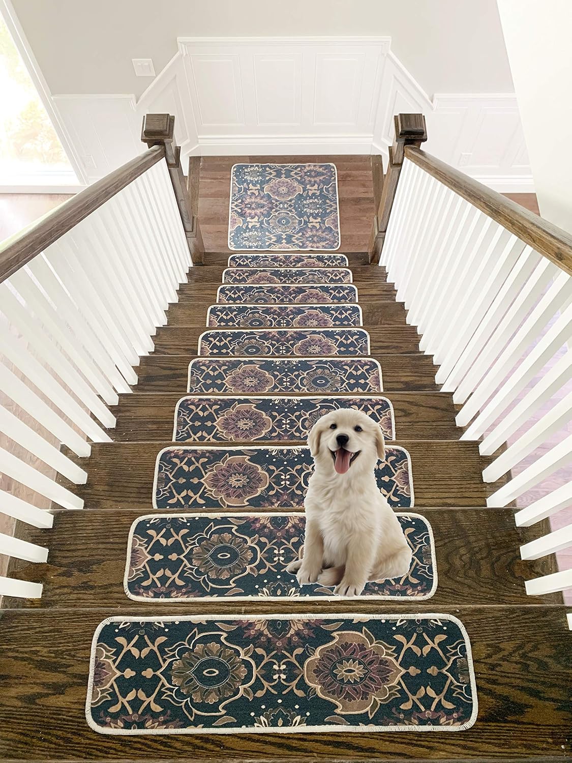 Benissimo, 13+1 Stair Treads Carpet, Landing Slip Resistant Stair Rugs, Cotton, Modern Printed Design, Soft Runner for Indoor Wooden Steps, Set of 13 (9"x32") + 1 (31"x31"), Eastern Breeze Benissimo, 13+1 Stair Treads Carpet, Landing Slip Resistant Stair Rugs, Cotton, Modern Printed Design, Soft Runner for Indoor Wooden Steps, Set of 13 (9"x32") + 1 (31"x31"), Eastern Breeze