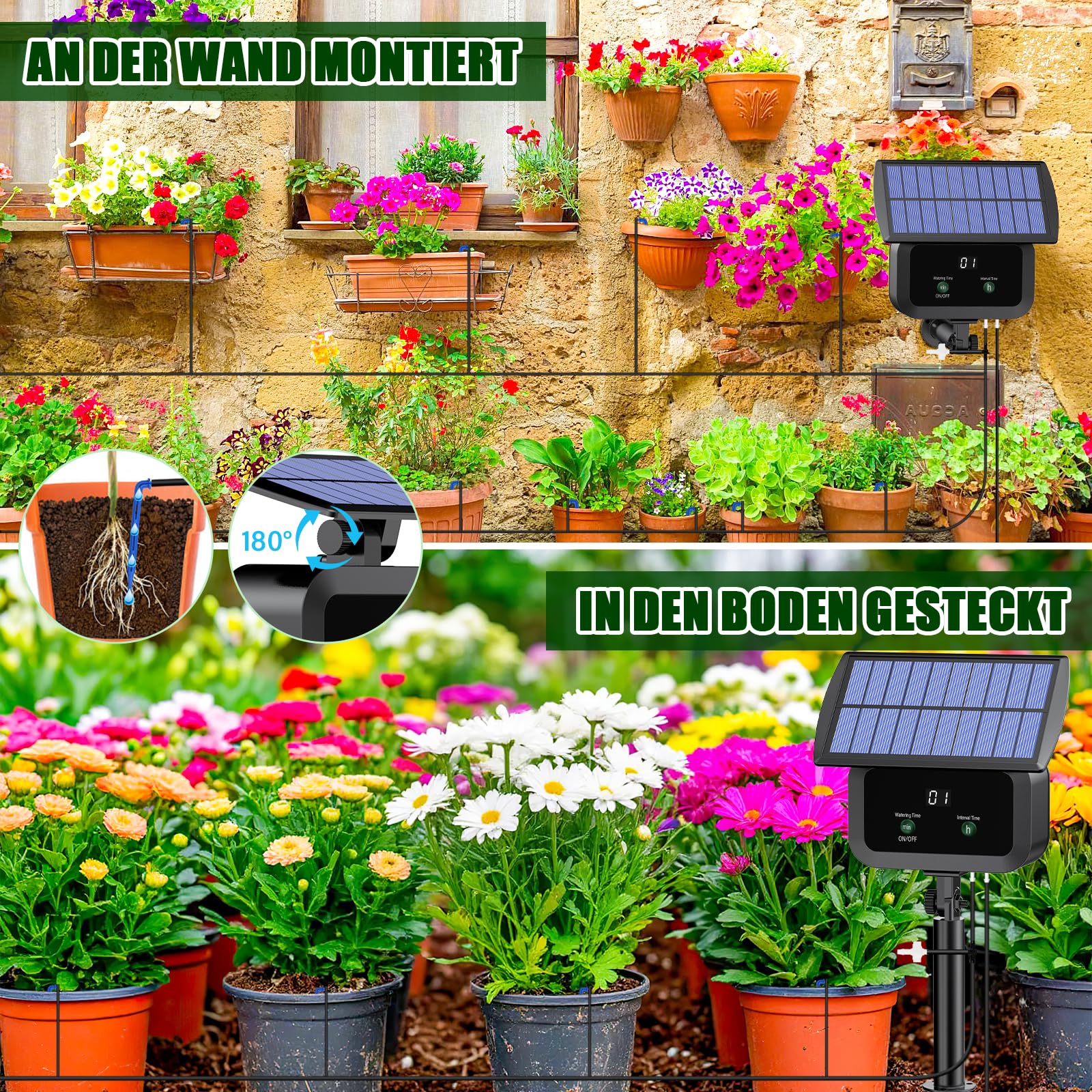 Solar Bewässerungssystem Garten, Automatische Bewässerung für Pflanzen im Urlaub mit Timer und 15M Schlauch, Solar Tropfbewässerung für Garten, Balkon Pflanzen, Kübelpflanzen im Freie