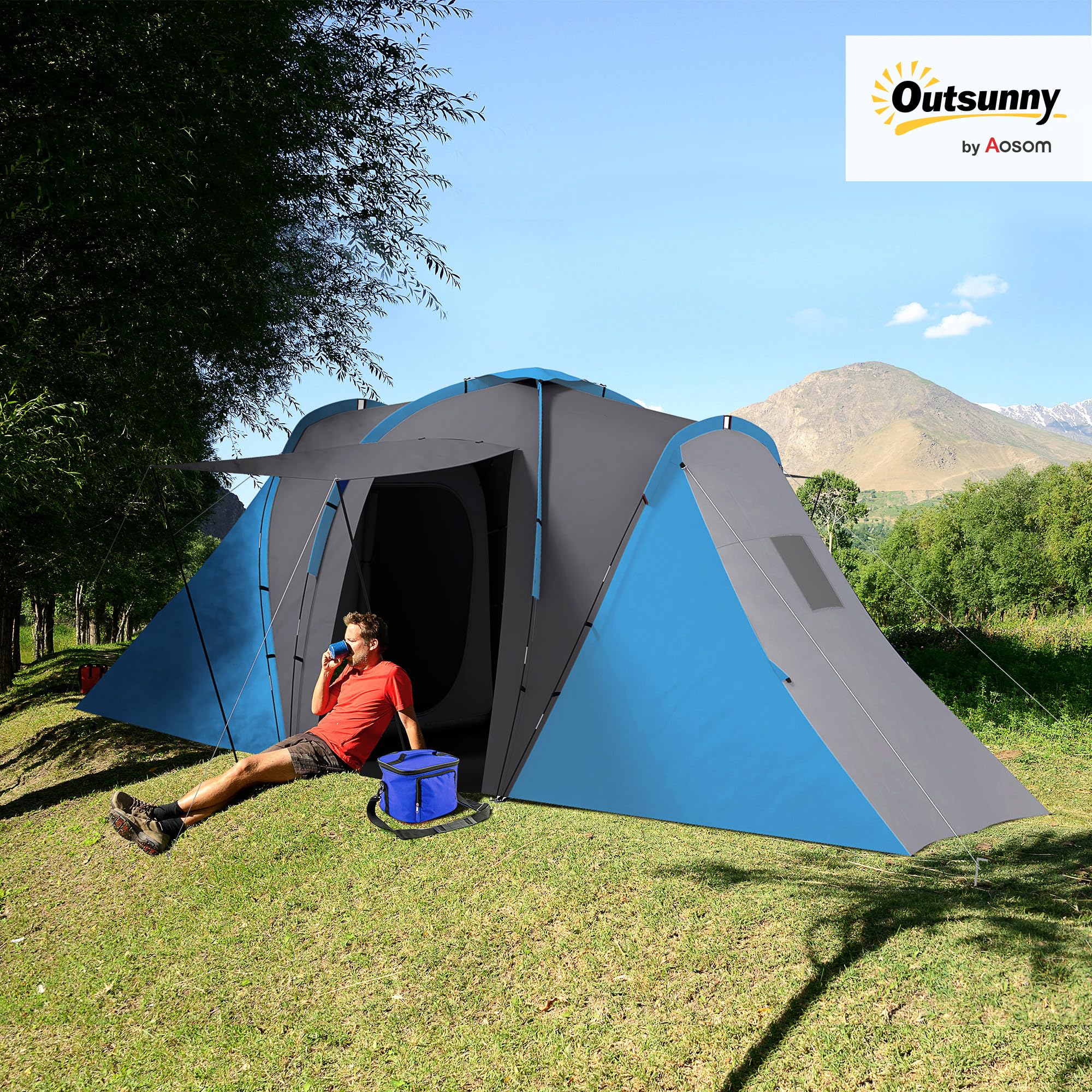 Outsunny Tunnelzelt, Campingzelt für 4 Personen, mit 2 Schlafzimmern Wohnbereich, groß Familienzelt mit Tragetasche, 2000mm Wasserabweisend Gruppenzelt, für Garten, Camping
