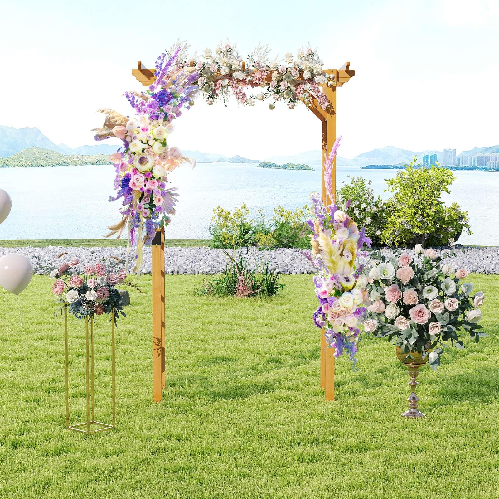 COSTWAY Arche de Jardin en Bois pour Plantes Grimpantes, Arceau à Rosiers en Treillis Extérieur 140x60x215CM, Support de Toile de Fond Plat, Décoration Mariage Fête et Cérémonie