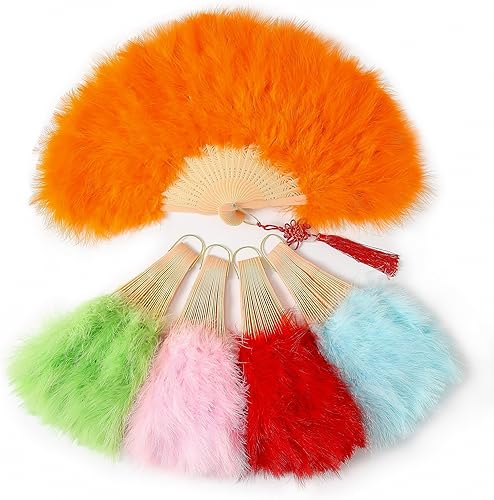 Abanico plegable de plumas vintage de los años 20 de Marabú para decoración de espectáculos de baile y fiesta de disfraces (naranja)