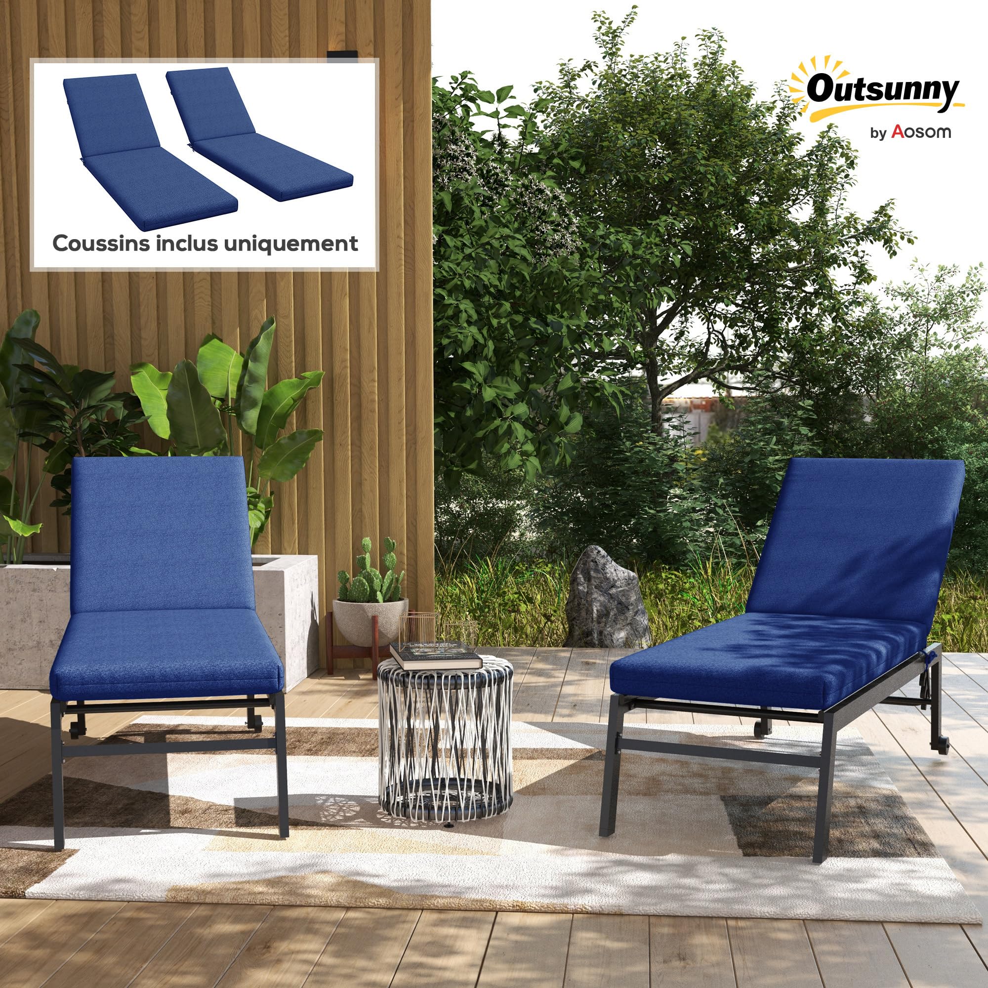 Outsunny Lot de 2 Matelas pour Chaise Longue transat Bain de Soleil avec Sangles d'attache pour Jardin dim. 190,5L x 58,4l x 7H cm Bleu