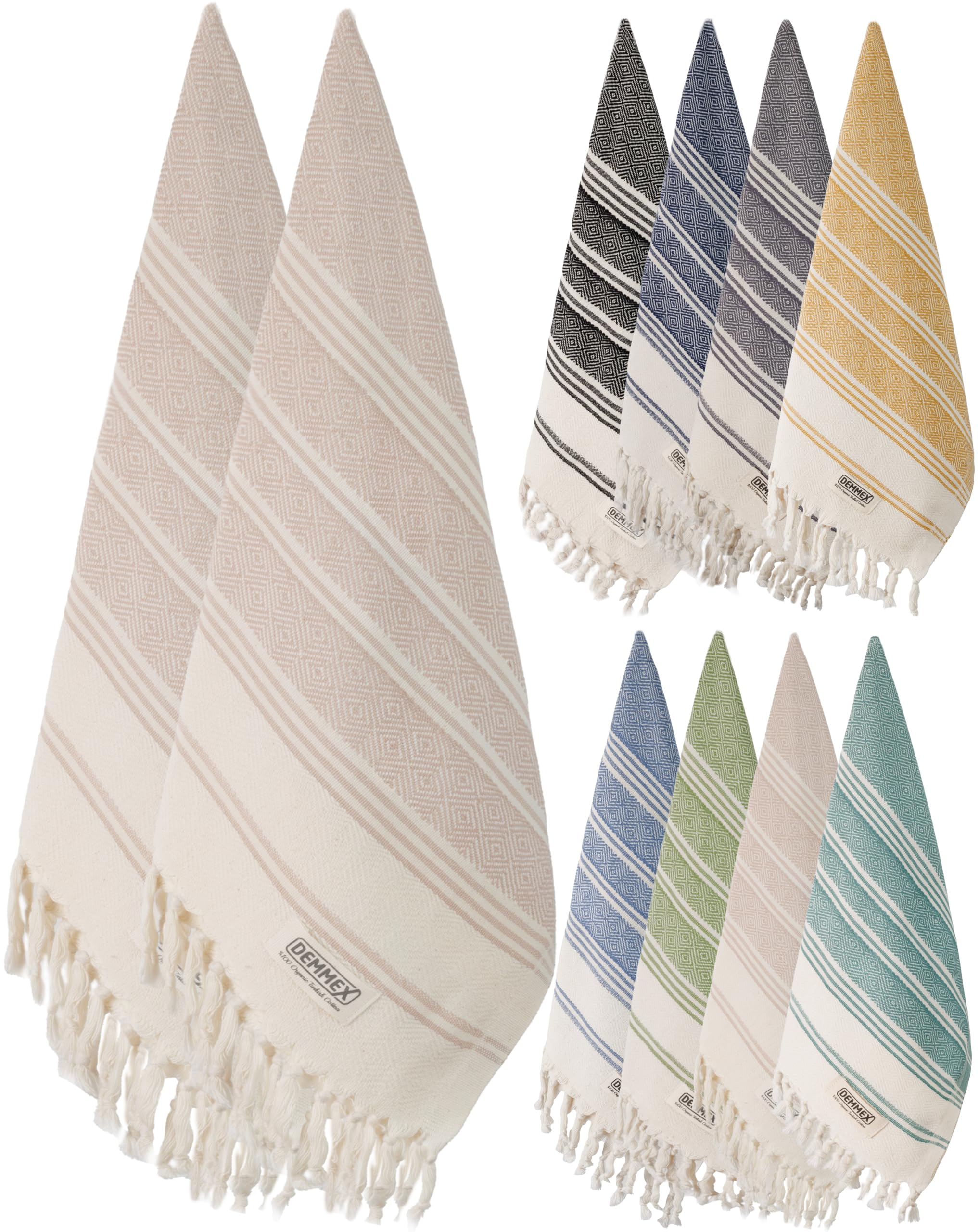 DEMMEX Organic Turkish Hand Towels for Bathroom – 100% Oeko-TEX Certified Turkish Cotton, Quick Dry, Lightweight Kitchen & Travel Towels, Diamond Weave, Large 18x36 Inches, Set of 2, BeigeOEKO-TEX STANDARD 100