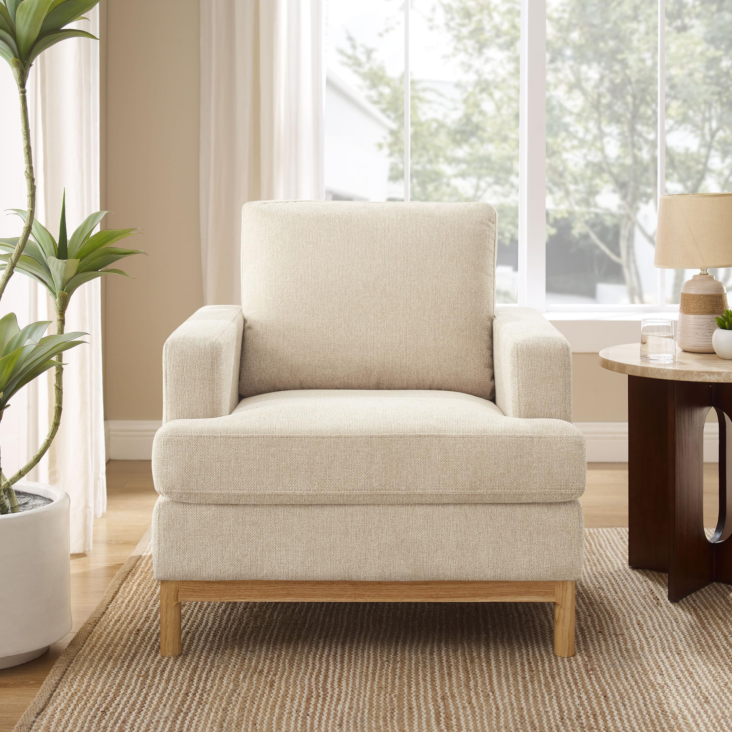 (INCOMPLETE MISSING LEGS) Upholstered Mid Century Modern Armchair for Livingroom, Bedroom Reading Chair, Single Sofa for Small Space with Rubberwood Base, Smoke White Chenille