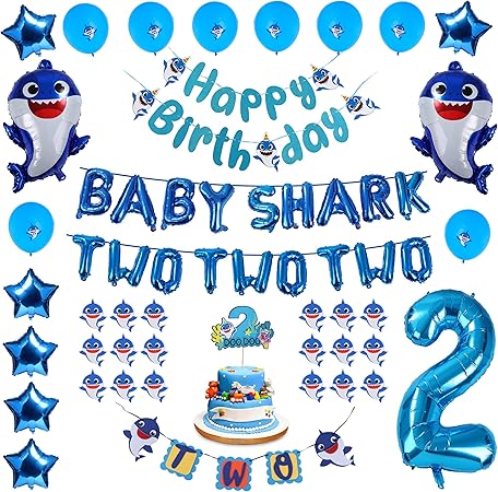 Amazon ベビーシャーク 2歳の誕生日デコレーション 男の子 ブルー ベビーシャーク 2つと数字2つ ホイルバルーン 2つのdoo ケーキトッパー ハッピーバースデーと2つのバナー かわいいシャークラテックスバルーン カップケーキトッパー 風船 バルーン おもちゃ