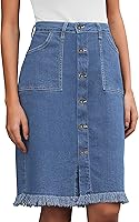 Vetinee Women's Knee Length Denim Jean Skirt - Button Down Distressed Raw Hem, Stretchy Casual Summer Skirt with Pockets