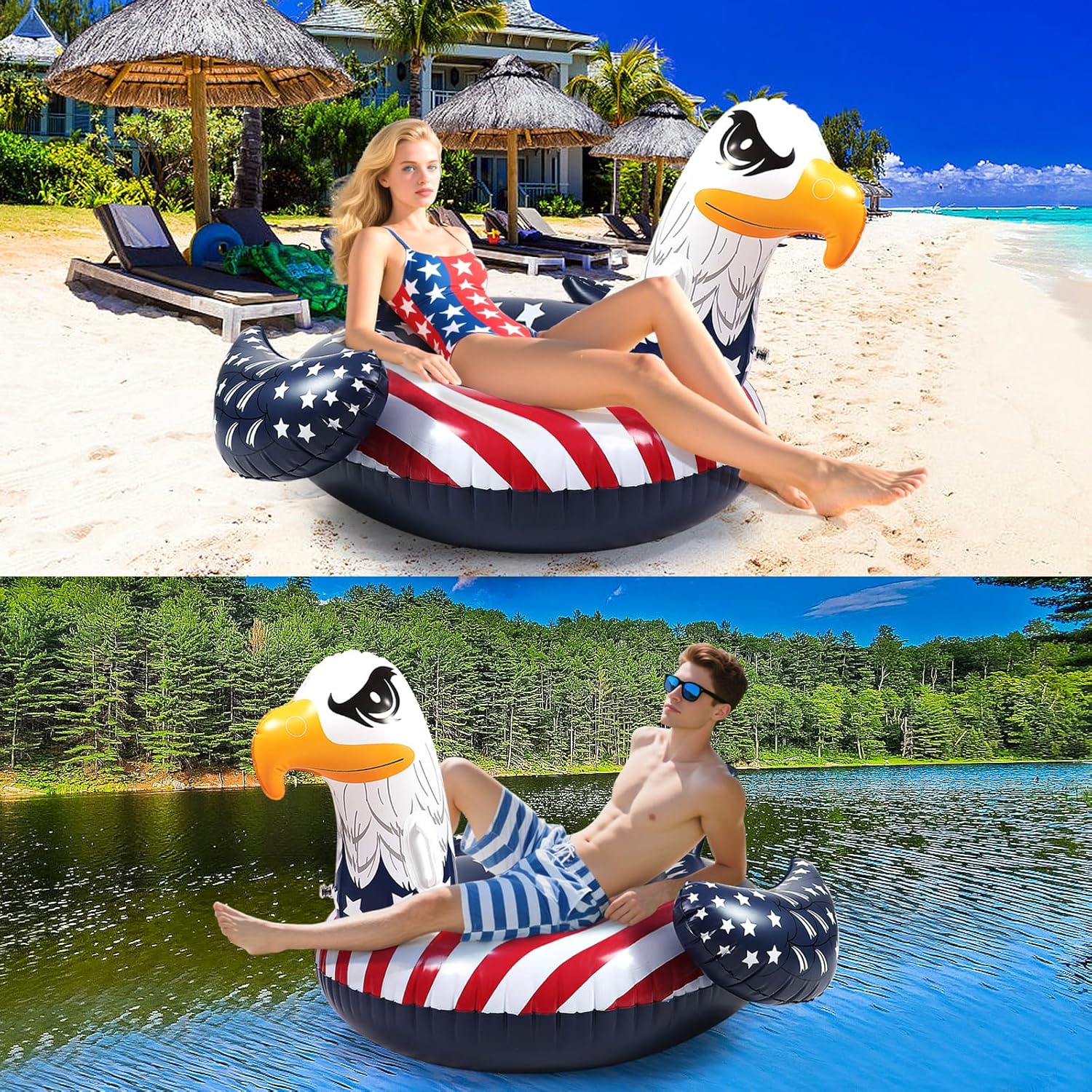 Patriotic American Flag Eagle Pool Float - 4th of July Pool Floats,Funny Bird Animal Bald Eagle Beach Water Lake Boat Recliner Adult Kids Toy,Fourth of July Swimming Party Ride Large Inflatable Raft