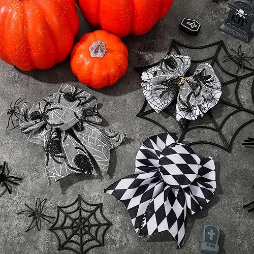 Miniatura 5 de 30 yardas de cinta con borde con alambre de Halloween, 5 rollos espeluznantes de araña, fantasma, araña, a cuadros, cinta decorativa en blanco y