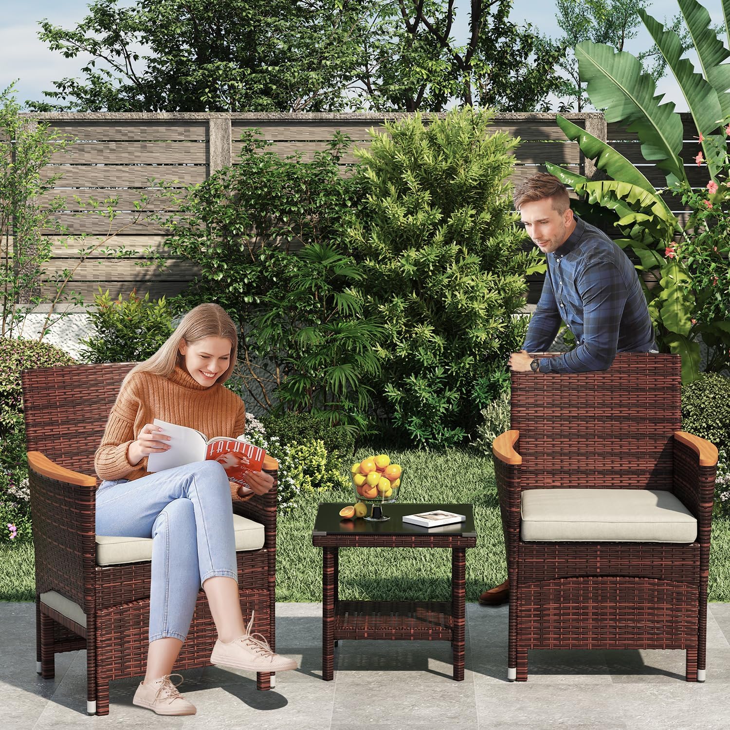 5 PCS Outdoor Patio Furniture Set with Table&Ottoman Outdoor Furniture Patio Set Bistro Wicker Patio Set (Brown Wicker&Khaki Cushion, 5PC - 2 Chair + 2 Ottoman + 1 Table)