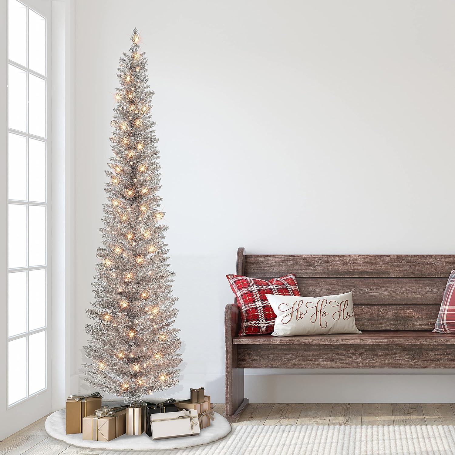 6 ft Pre-lit Rose Gold Tinsel Pencil Tree, 250 Tips, 100 UL Clear Incandescent Lights