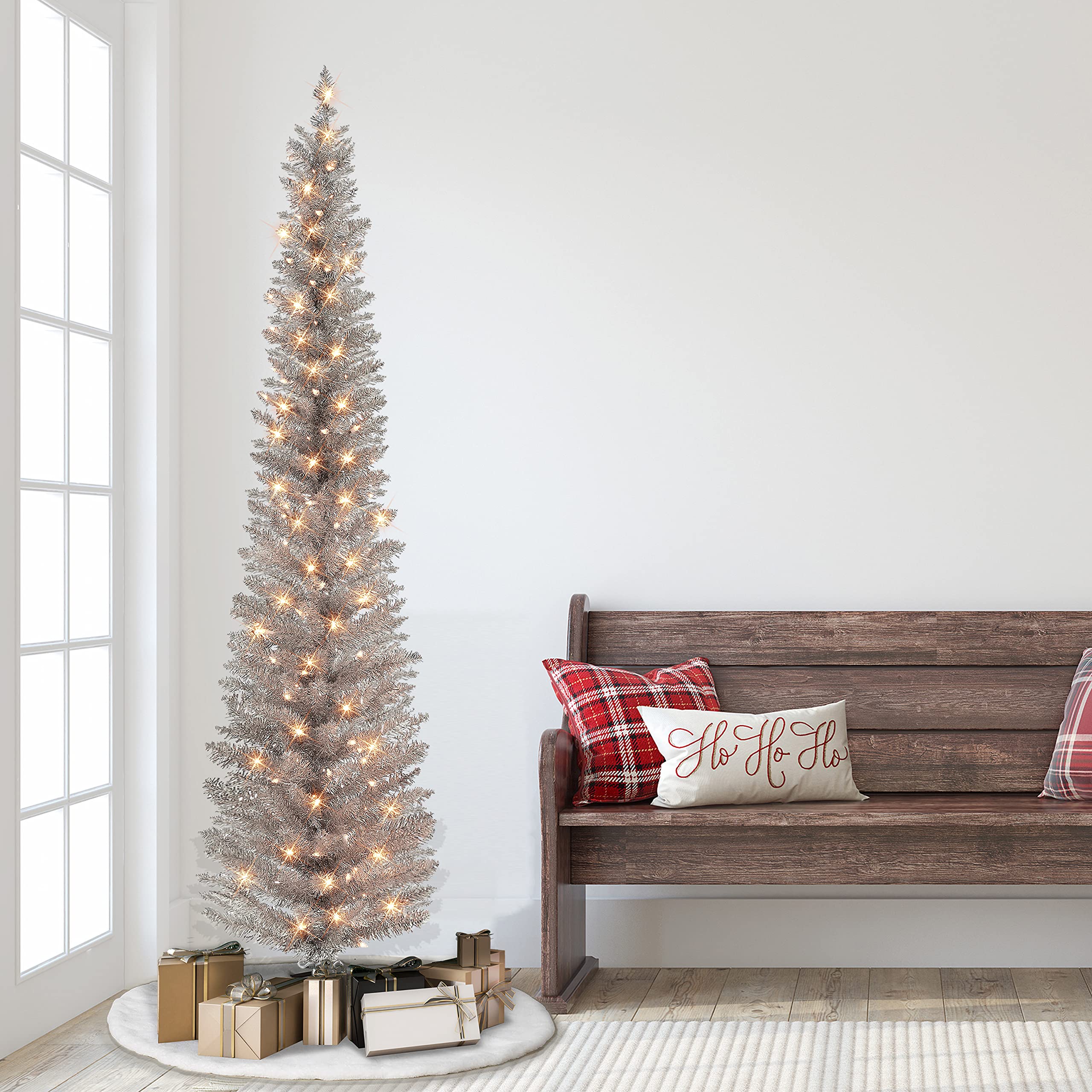 6 ft Pre-lit Rose Gold Tinsel Pencil Tree, 250 Tips, 100 UL Clear ...