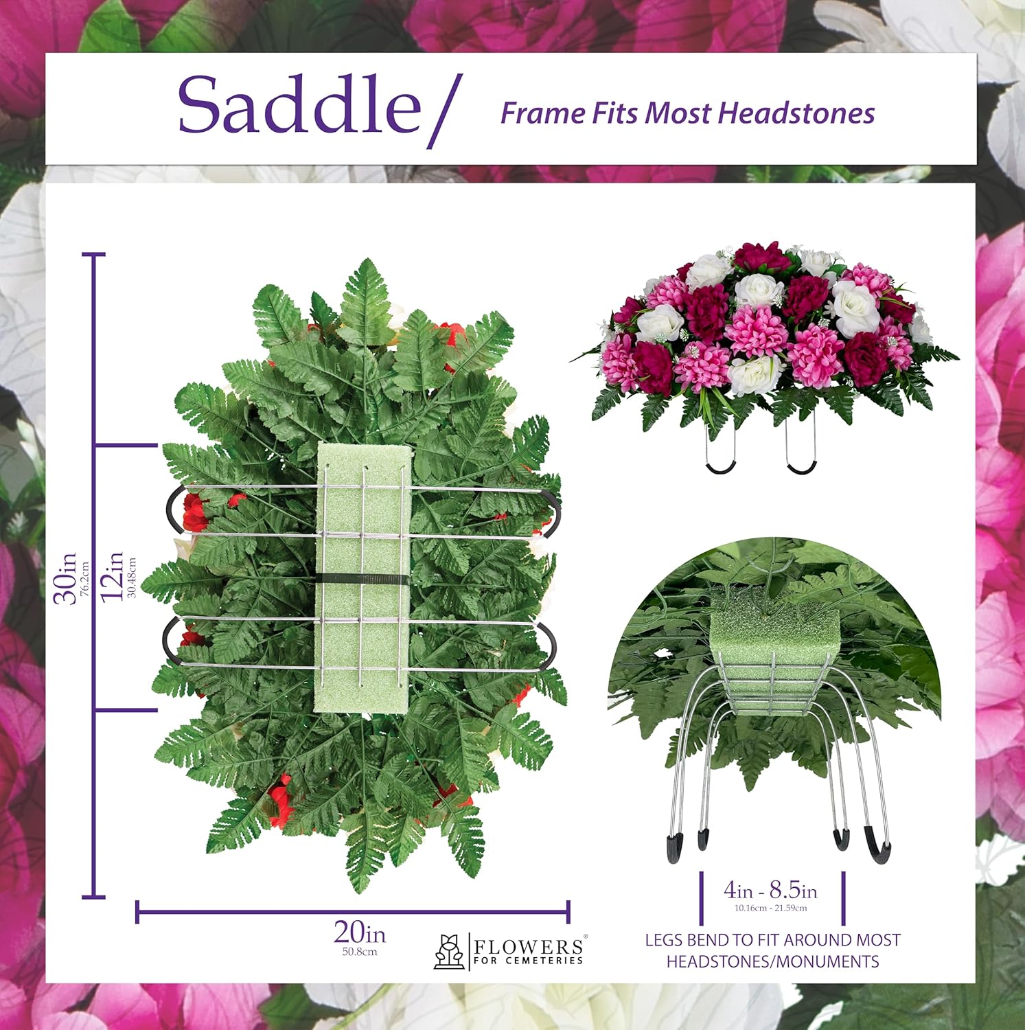 30" Headstone Flower Saddle - Sympathy Silks Artificial Cemetery Flowers - Gravesite Flowers - White Roses and Pink Peony