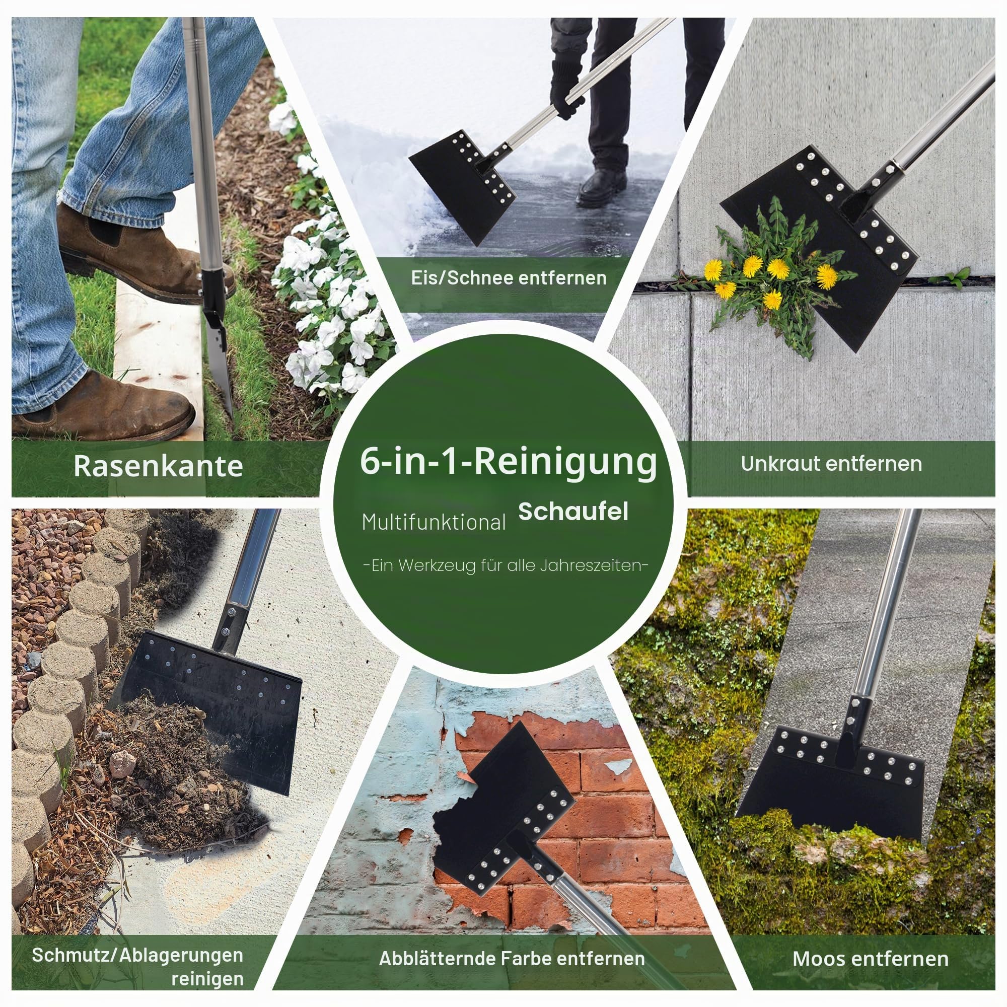 Gartenreinigungsschaufel 165.1 cm Multifunktions-Schaufel mit Federstahlklinge Bodenschaber Langer Verstellbarer Griff Schwerlast Schneeschaufel Eiskratzer Flache Schaufel für Unkraut Rasenkante