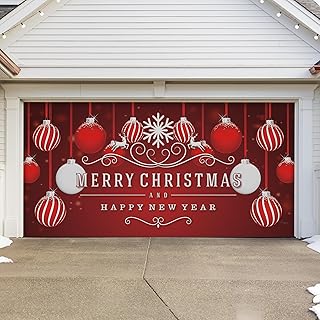 7' x 16' Timeless Red and White Ornaments Christmas Garage Door Banner - Designed to Move with Door | Elegant Holiday Double Garage Door Decoration