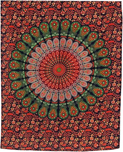 Miniatura 69 de Tapiz hippie indio bohemio psicodélico dorado mandala de pavo real azul dorado para colgar en la pared (naranja marrón, King (88 x 104 pulgadas)