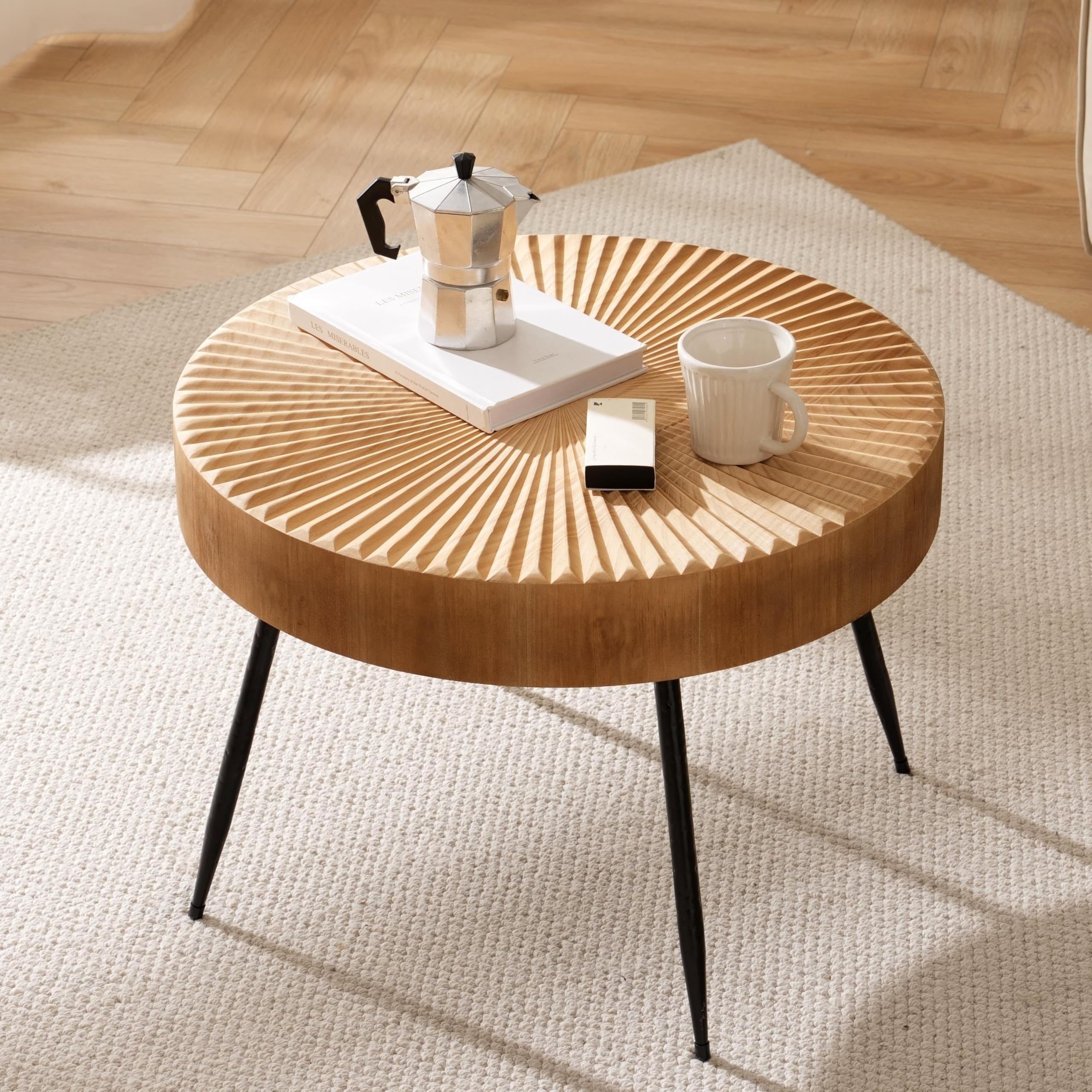 Beistelltisch Rund Holz, 60×42cm Großer Coffee Table | linearem design, schwarzen metallbeinen, fur wohnzimmer, massivholzfurnier, holzfarbe, kleiner couchtisch, handgefertigt