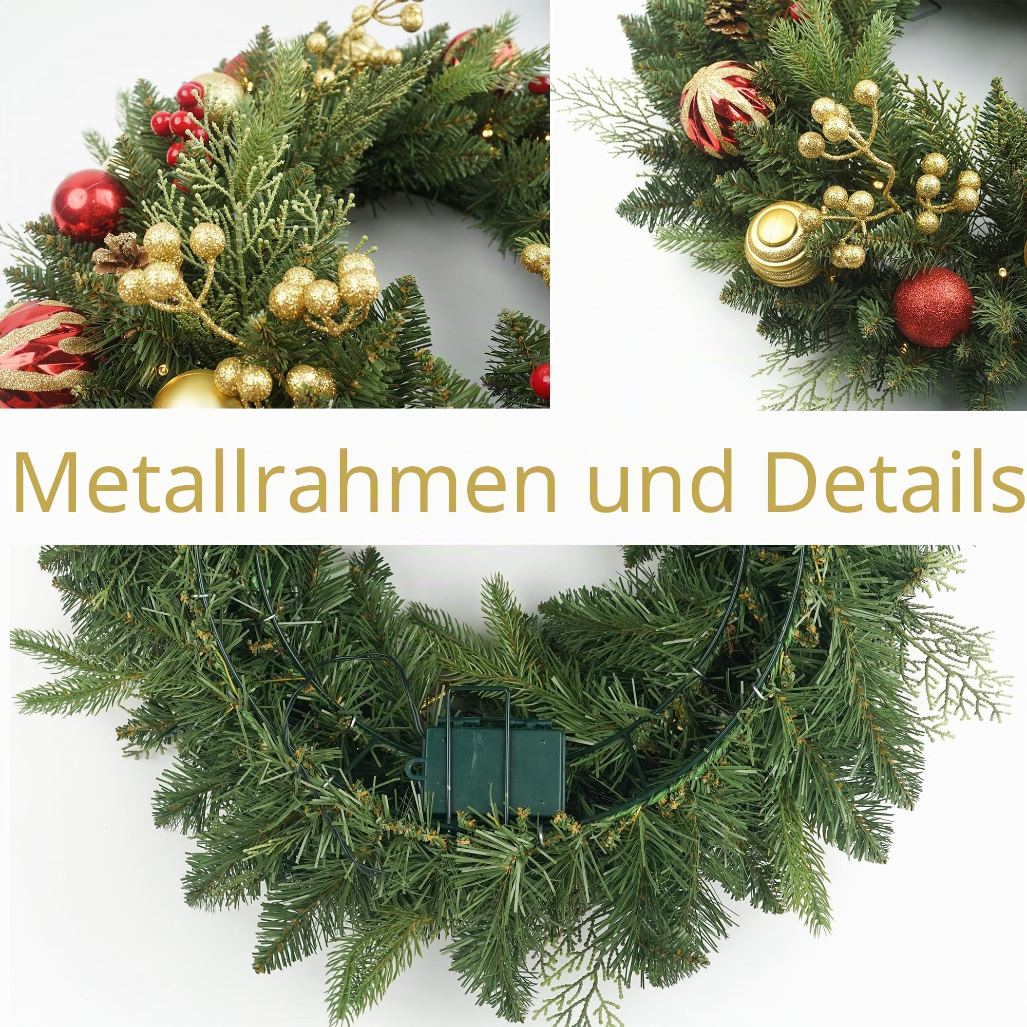 Weihnachtskranz Vorbeleuchtet 61.0 cm mit 50 Licht & Rotgold Kugel Tannenzapfen, Künstliche Weihnachtskränze für Haustür mit Lichtern, Kranz für Weihnachtsdekoration, Tür, Fenster, Wand, Grün