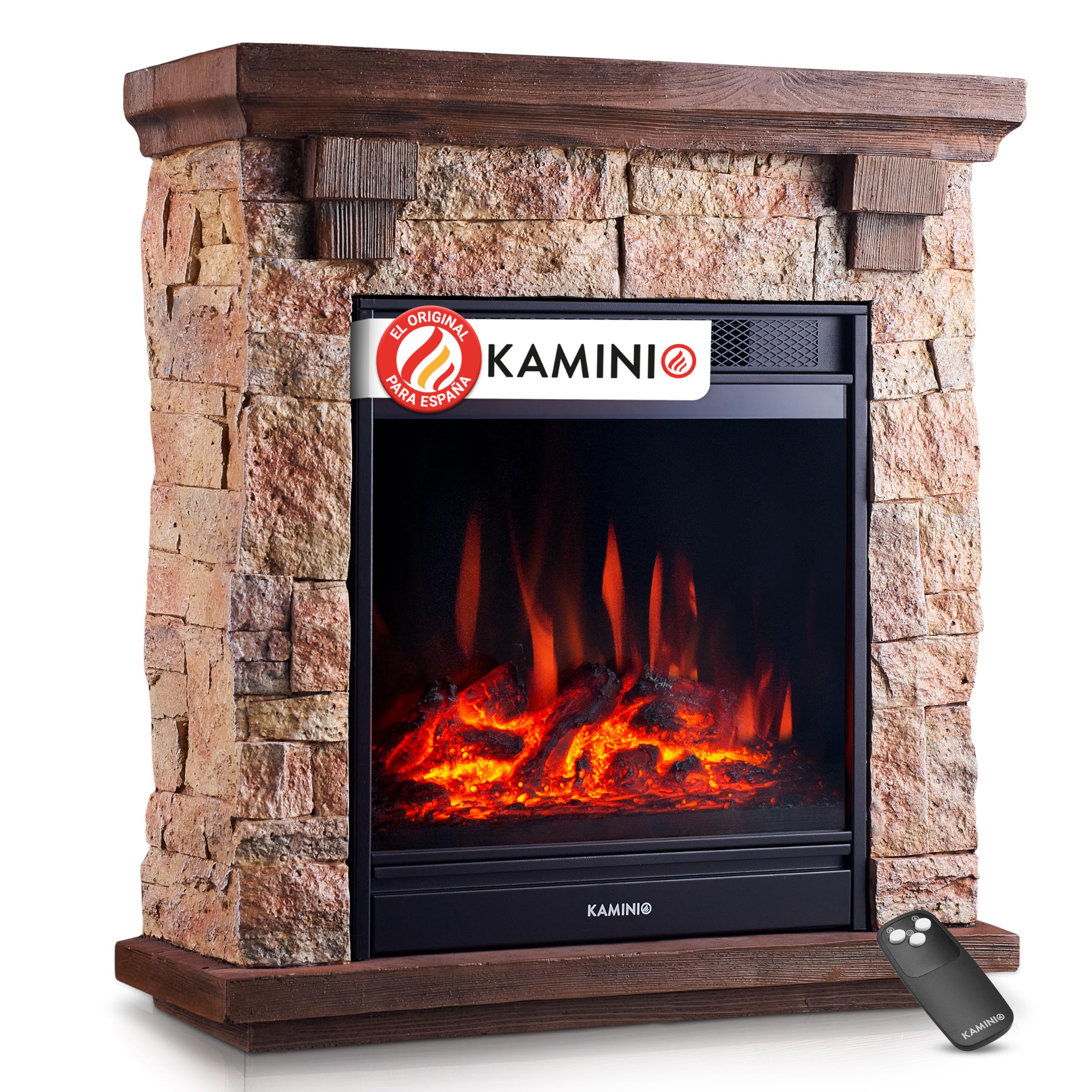 KAMINIO Chimenea eléctrica Juan - Chimenea eléctrica de pie con Aspecto de Piedra, función de calefacción, Efecto de Llama 3D y Mando a Distancia (Beige)