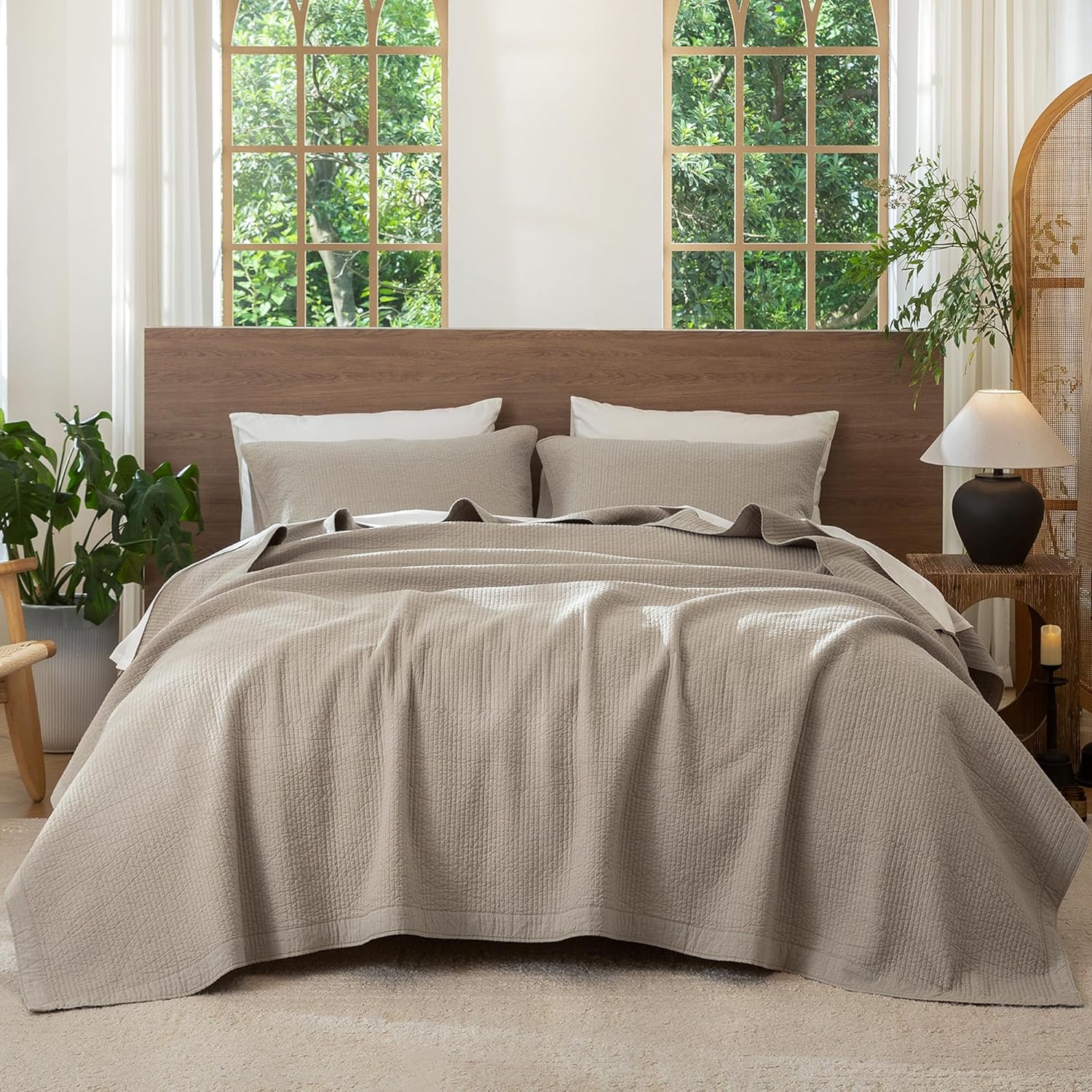 MooMee Stripe Stitch Quilt Set 100% Washed Cotton Coverlet Bedspread Linen Like with Cotton Batting Fill Soft Breathable Lightweight for All Seasons (Tannish Linen Grey, King)