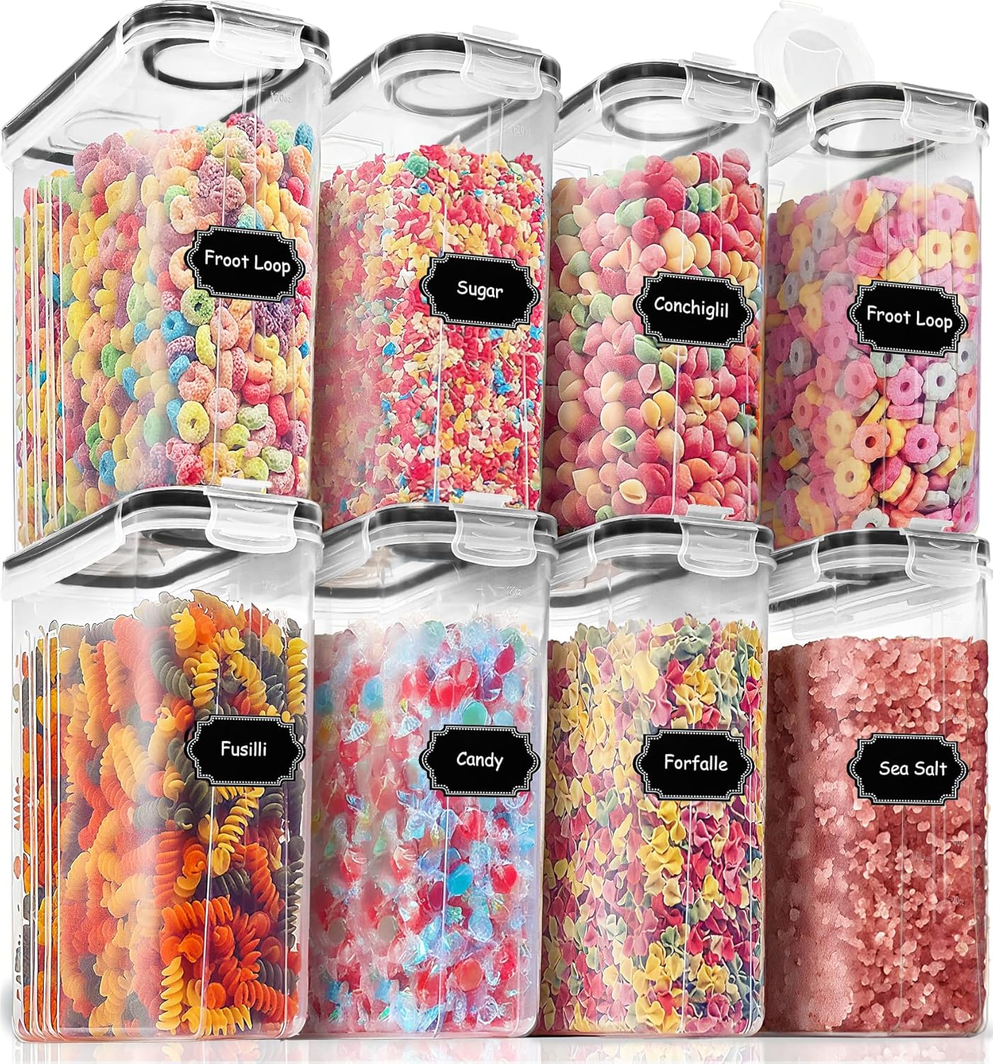 PRAKI Cereal Containers Storage Set (4L,135.2 Oz), 8PCS Airtight Food Storage Containers with Lids for Kitchen & Pantry Organizers and Storage, Cereal Dispensers with 20 labels, Measuring Cup & Marker