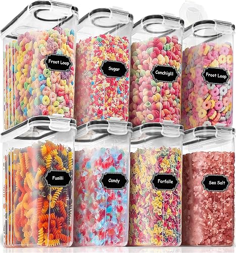 PRAKI Cereal Containers Storage Set (4L,135.2 Oz), 8PCS Airtight Food Storage Containers with Lids for Kitchen & Pantry Organizers and Storage, Cereal Dispensers with 20 labels, Measuring Cup & Marker