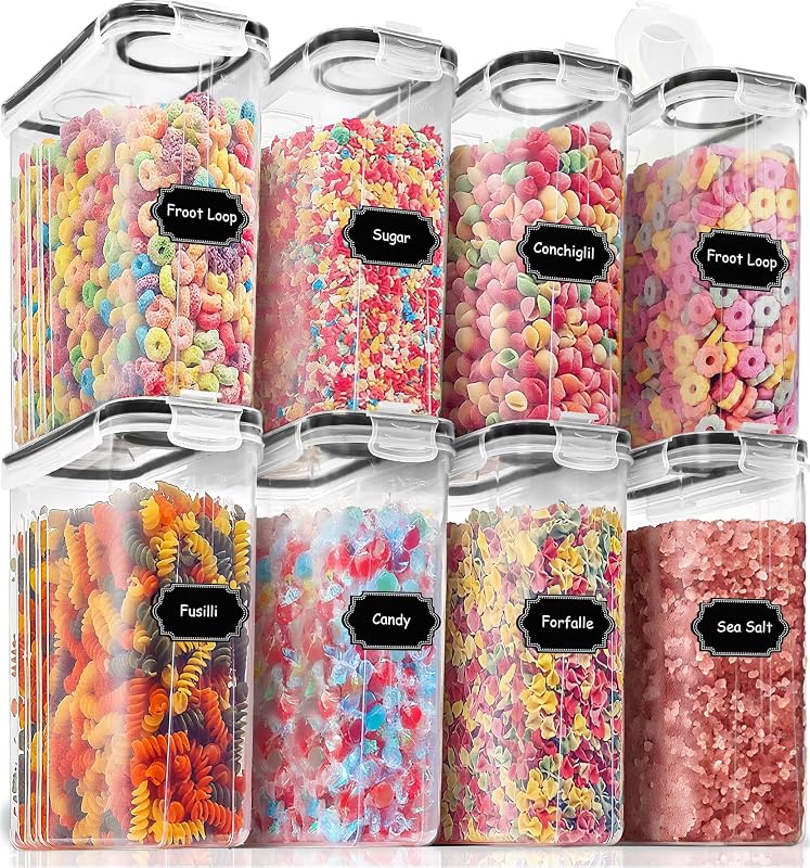 PRAKI Juego de almacenamiento de contenedores de cereales (4 L, 135,2 oz), 8 recipientes herméticos de almacenamiento de alimentos con tapas para organizadores y almacenamiento de cocina y despensa, dispensadores de cereales con 20 etiquetas, taza medidora y marcador