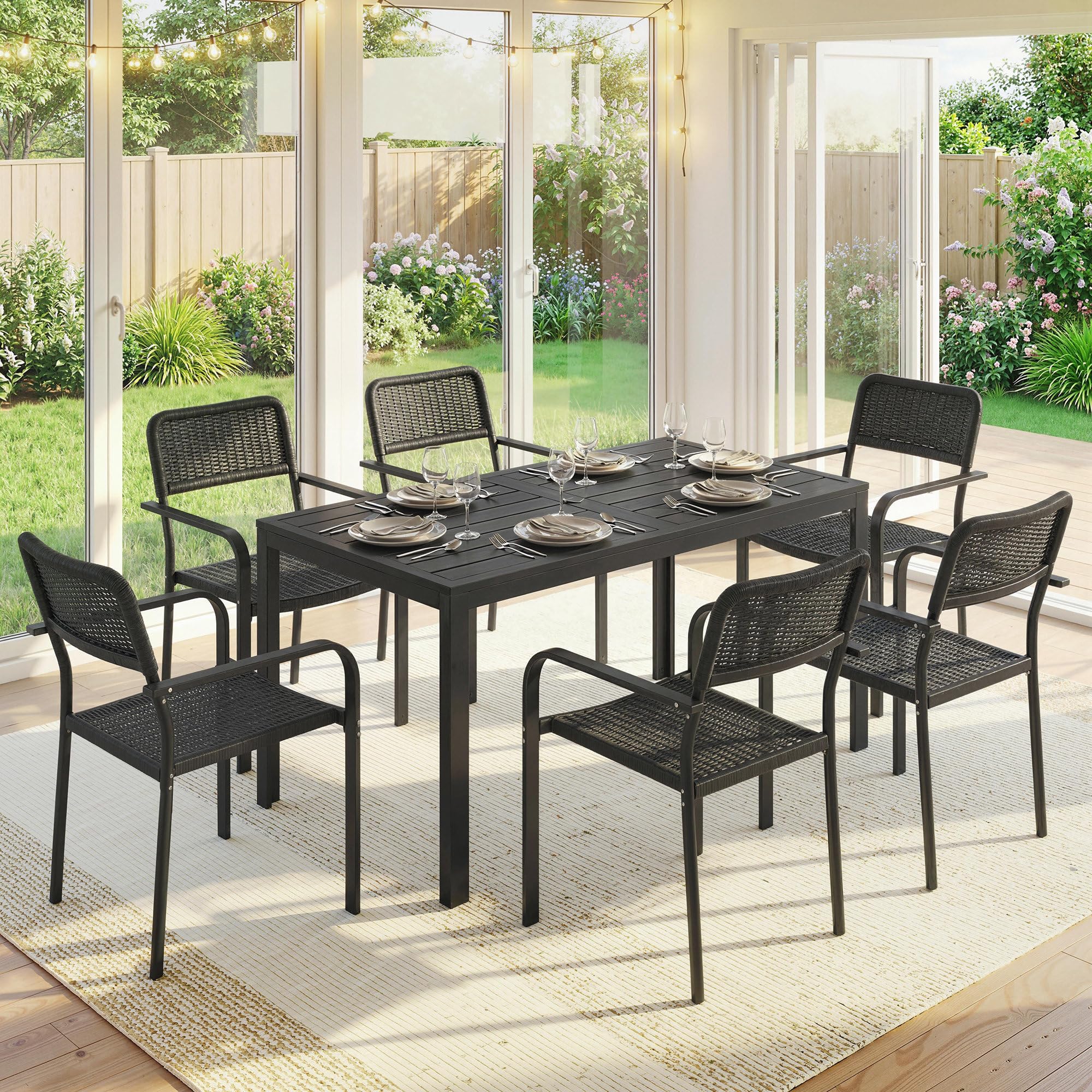 Outsunny Set Tavolo e Sedie da Giardino 7 Pezzi, Set da Pranzo Esterno con 6 Sedie Impilabili in Plastica Finto Rattan e Tavolo in Metallo Effetto Legno, Nero