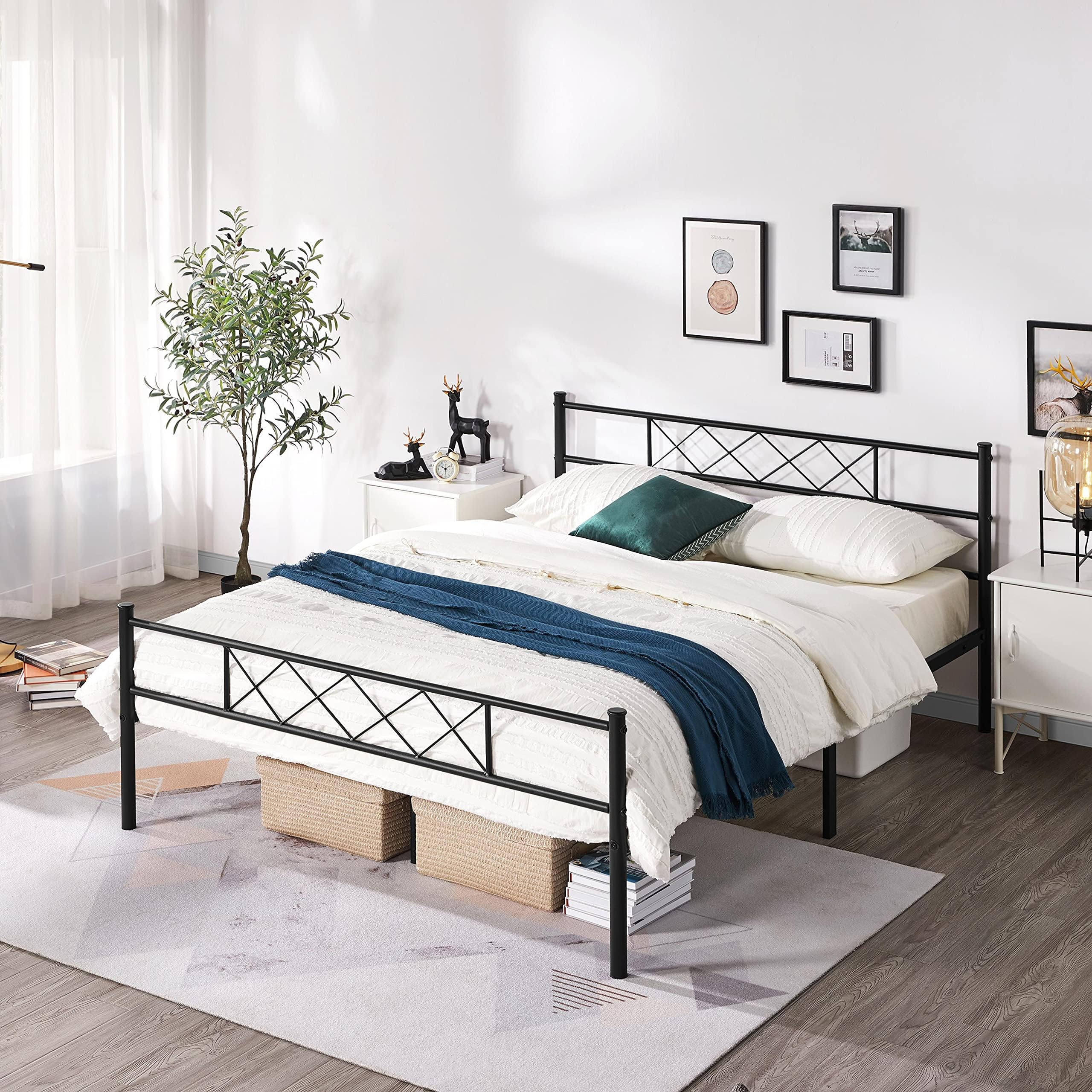YaheetechQueen Size Metal Platform Bed Frame Mattress Foundation with Headboard and Footboard No Box Spring Needed Under Bed Storage Steel Slats Black