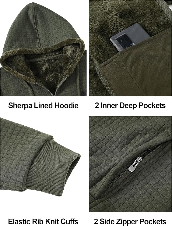 yuyangdpb Men's Full Zip Hoodie Waffle Knit Sherpa Lined with Zip Pockets