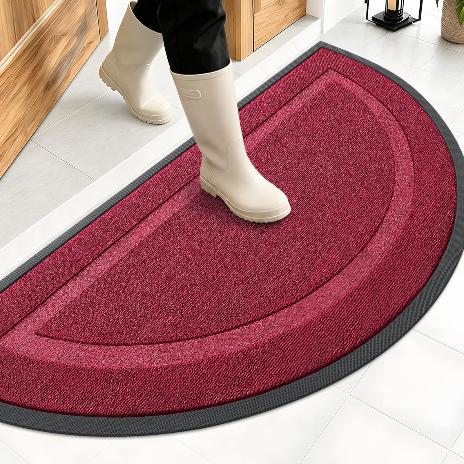 OLANLY Half Circle Front Door Mat Outside 47x23 All-Season Rubber Doormat | Burgundy, Absorbent, Heavy-Duty, Stain Fade Resistant, Waterproof Non-Slip Backing, Low-Profile Indoor Outdoor Entryway Mat