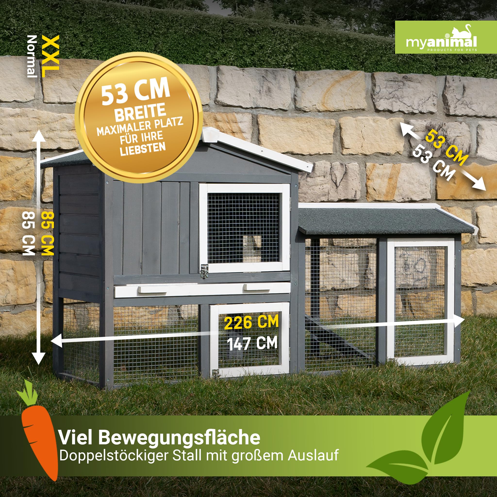 Miweba MyAnimal Hasenstall MH-03 | Kaninchenstall mit Freilaufgehege - Hasenkäfig - Kleintierkäfig - Holz imprägniert - Kaninchenkäfig Winterfest - Kleintiergehege - Käfig - Hasenhaus (Grau/Weiß)