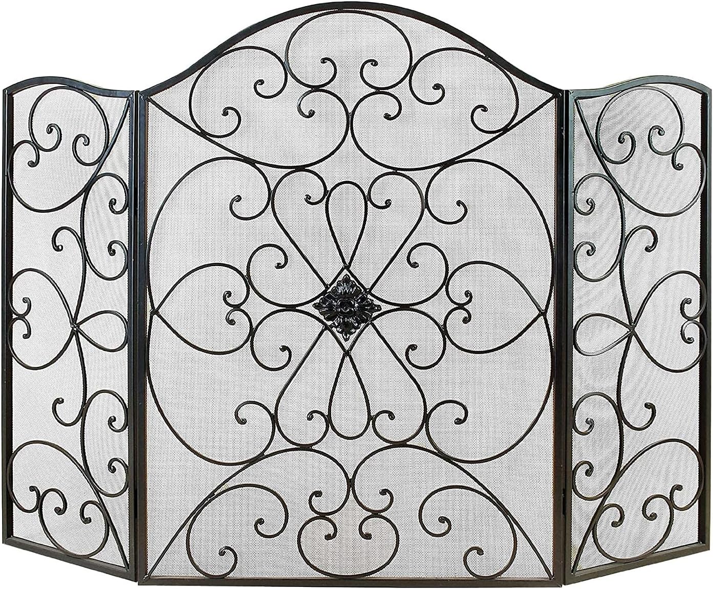 Fireplace Screen Guard, Large Iron Fireplace Screen Flat with 2 Hinges， Classic Scrolled Hearth Baby Proof Mesh Curtain for Sitting Room， FoldingGuard (Color : Black)