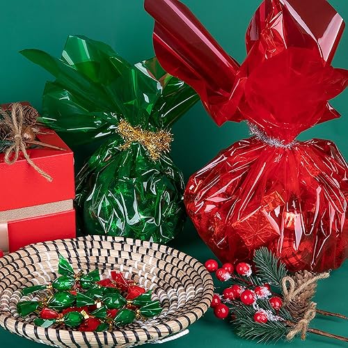 Miniatura 5 de Wehhbtye - 2 rollos de celofán de Navidad, 33 pies de largo x 32 pulgadas de ancho, papel de celofán transparente con 800 lazos dorados de 3