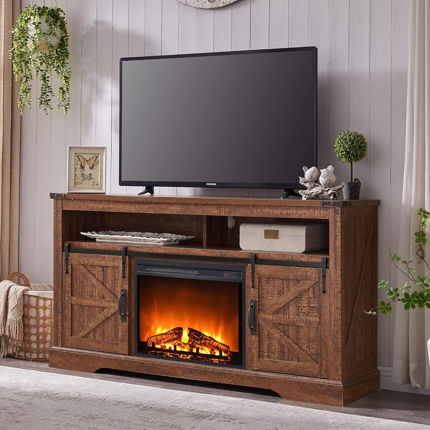 OKD Fireplace TV Stand for 65+ Inch TV, 33" Tall Highboy Farmhouse Entertainment Center w/ 23'' Electric Fireplace, Rustic Media Console w/Sliding Barn Door for Living Room, Antique Brush White