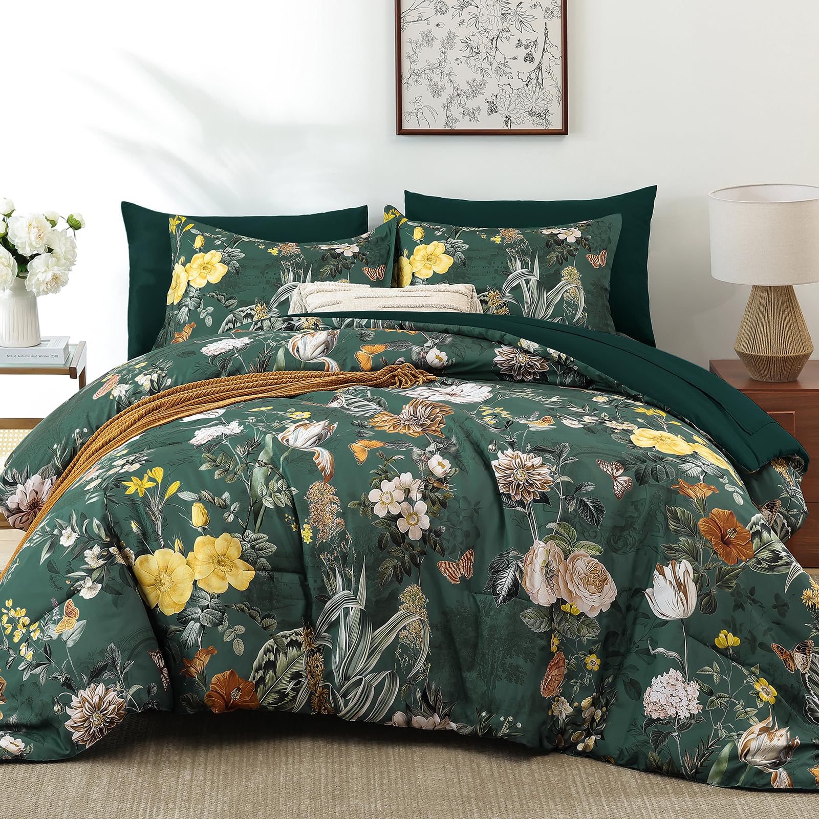 WONGS BEDDING 7 Pieces Bed in a Bag, Aqua Comforter Set Queen, Botanical Flowers Leaves Pattern Printed on Aqua Reversible Design Bedding Set, Soft Microfiber Comforter Set with Sheets-image-28