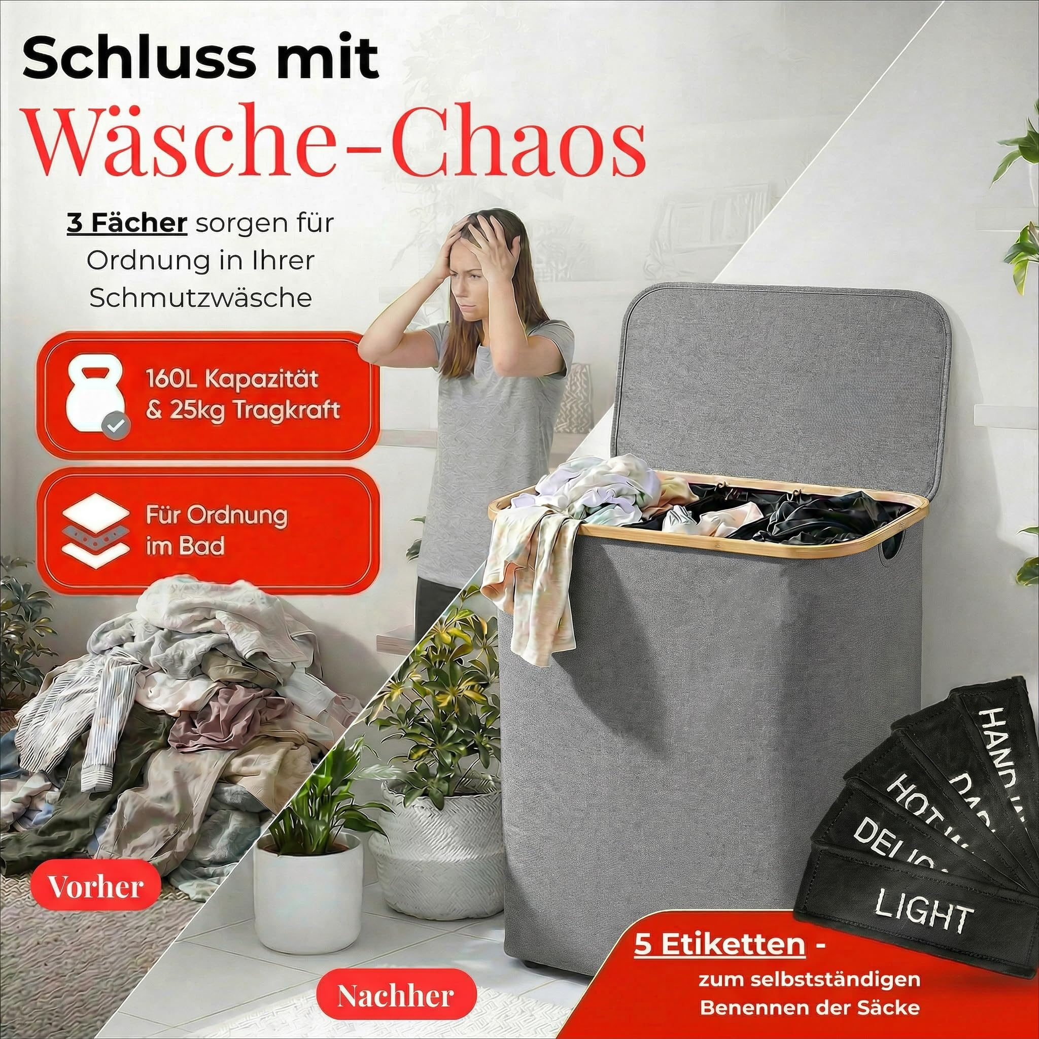 HomyFeel - wäschekorb 3 fächer rollbar, 160L, Wäschesammler mit Deckel, herausnehmbare wäschesack, Wäschekorb faltbar, Oxford Gewebe, Wäschebox auf Rollen, Griffe aus Bambus, 57x37,5x79cm, Grau - 2