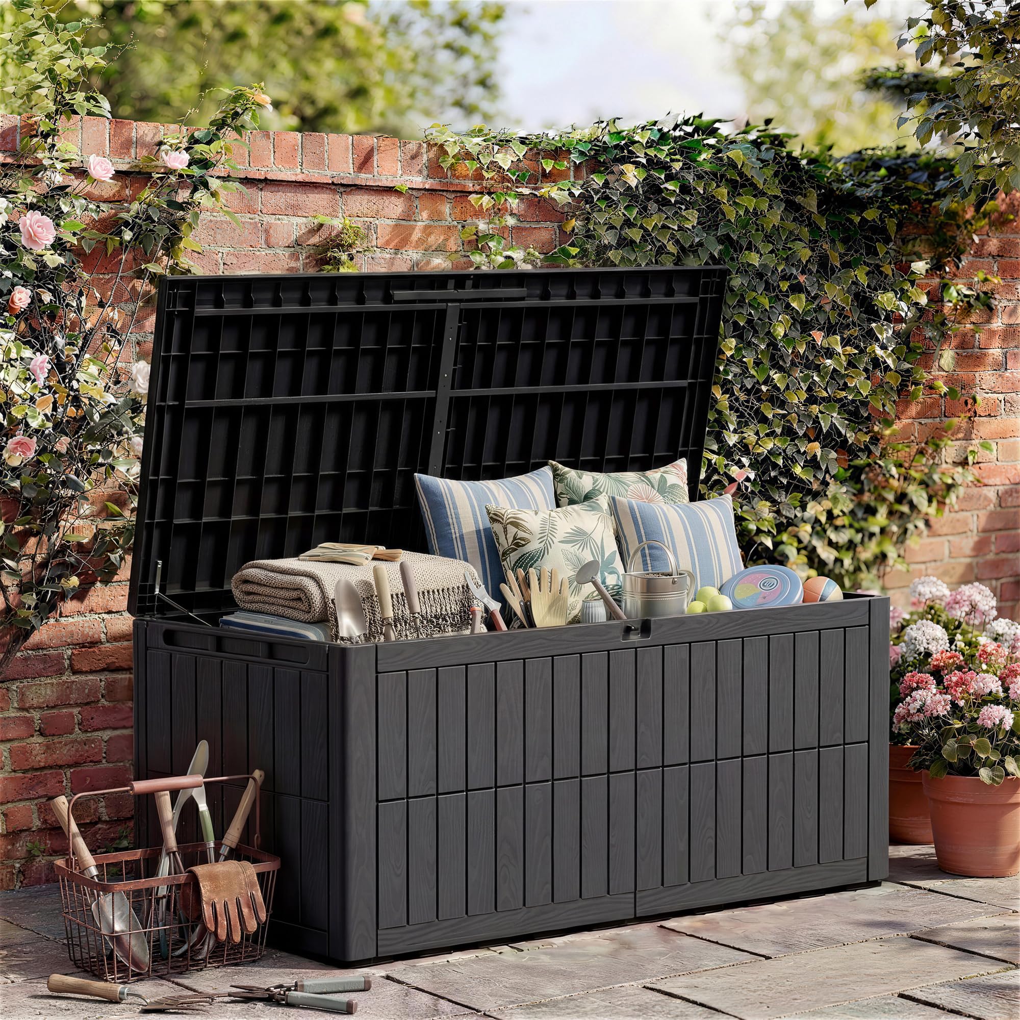 Amopatio Auflagenbox 680 Liter, Gartenbox XXL Wasserdicht aus Resin, Kissenbox für Balkon, Garten & Terrasse, Aufbewahrungsbox Wetterfeste mit Gasdruckfeder, Schwarz