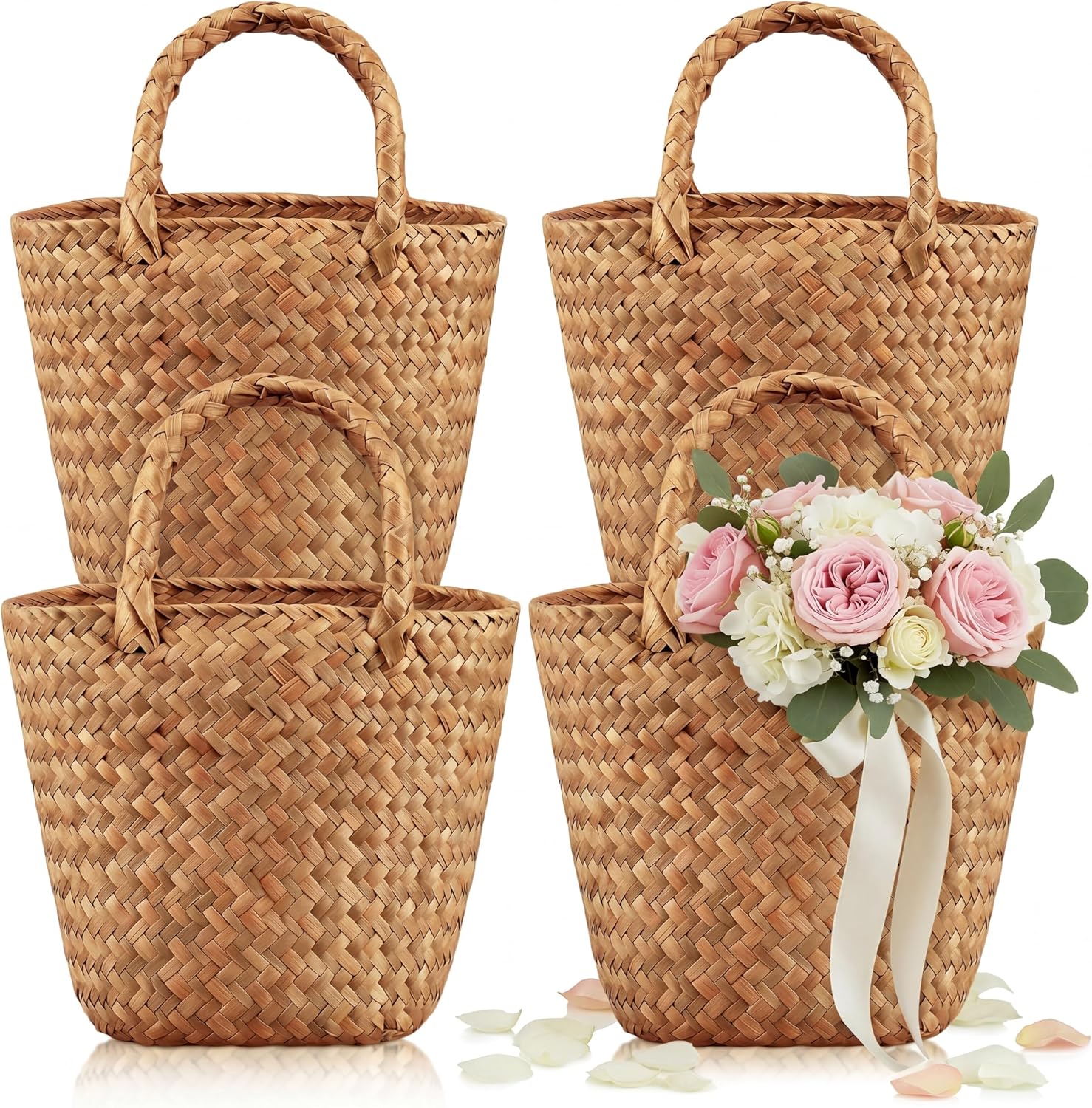 LemonRoad 2 Pcs Flower Girl Basket for Wedding Small Rustic Seagrass Basket with Handle Boho Wedding Flower Storage Farmhouse Decor for Petals Confetti Sweets Gifts 5.12 x 5.51''d (Rustic Color)