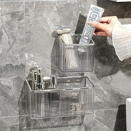 Miniatura 2 de Qushy Estantes flotantes, organizador de almacenamiento de plástico adhesivo montado en la pared, sin perforaciones, contenedores de almacenamiento