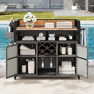 Outdoor Wicker Grill Cart with Storage Cabinet, 52.8 inch Wide, Rolling Kitchen Island, Plastic Wood Top, Black Brown (Grey)