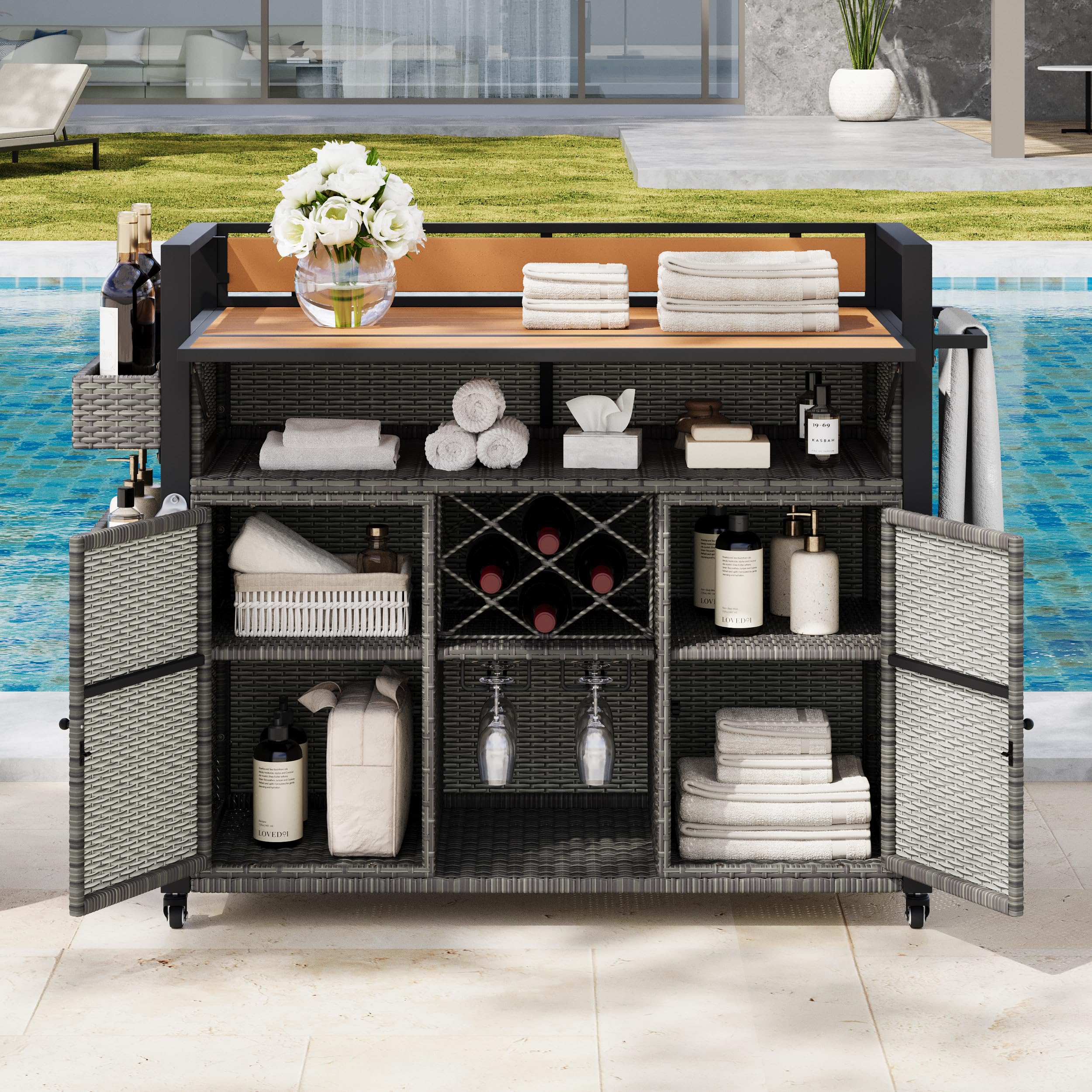 FABLISS 52.8" W Wicker Outdoor Grill Cart with Drop Leaf, Rolling Kitchen Island on Wheels with Storage Cabinet for Patio Poolside,Duty BBQ Serving