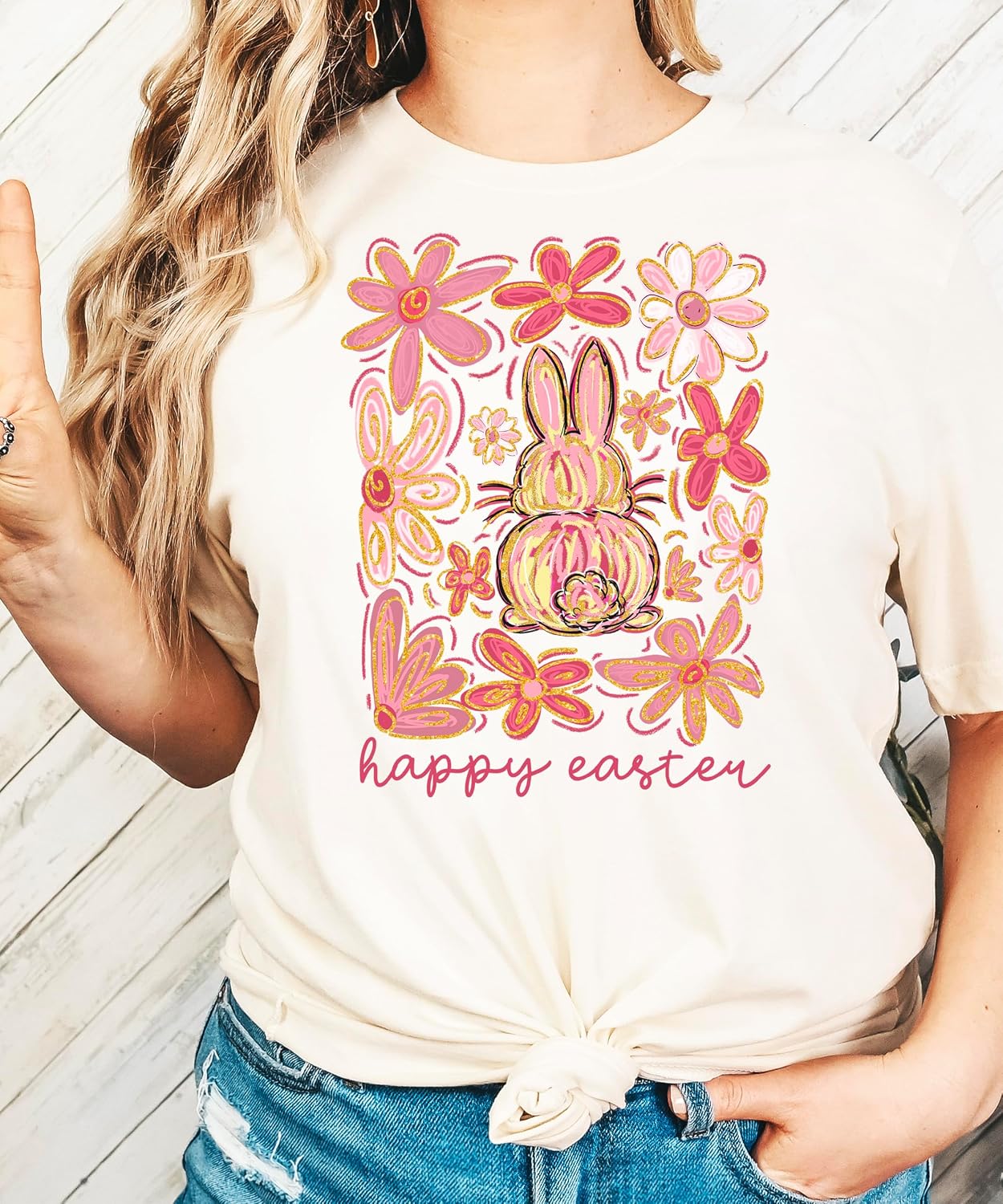 Happy Easter Flower Bunny Shirt for Women Youth and Toddler Girls Girly Matching Easter Tee