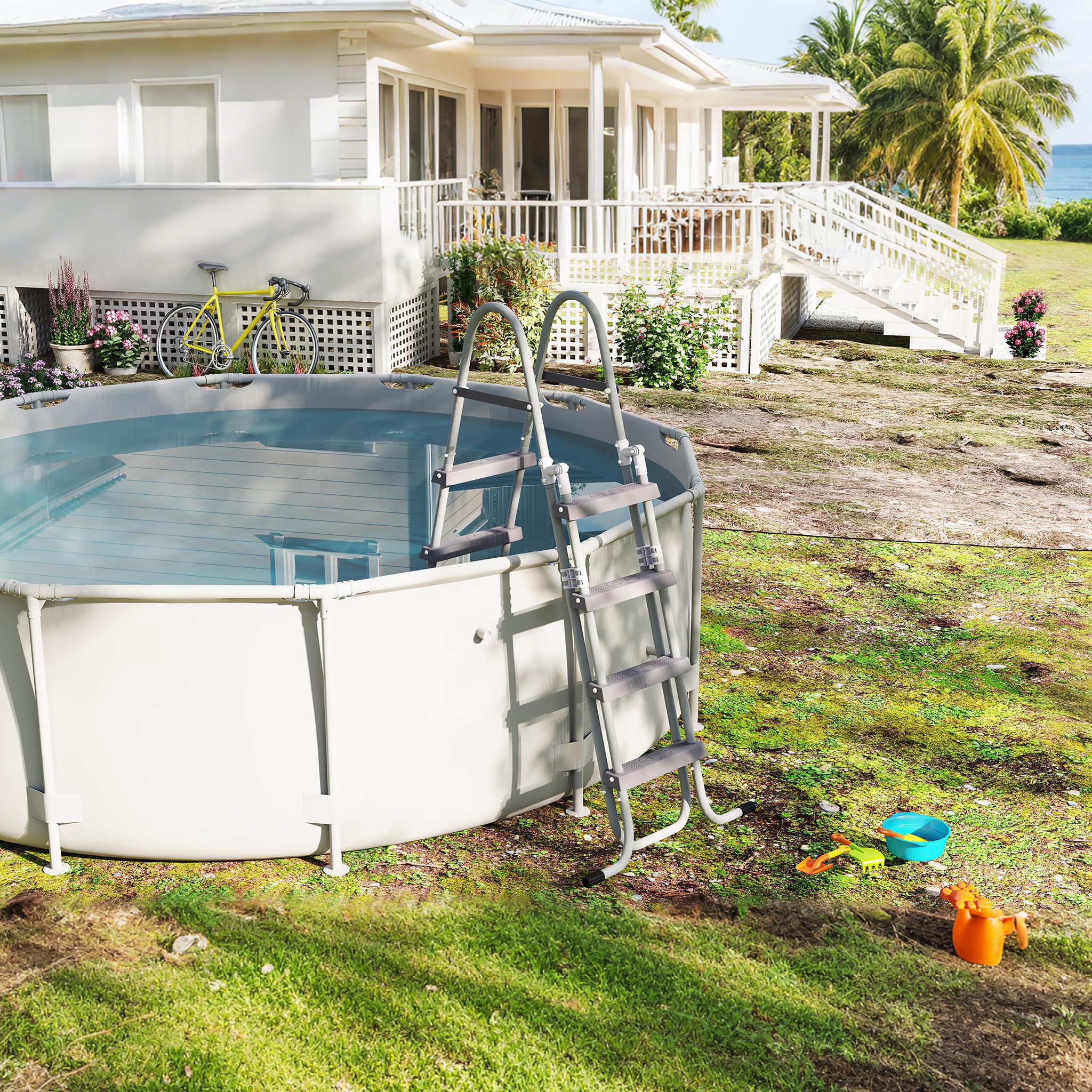 HENGMEI Échelle de piscine 4 marches avec main courante, échelle d'entrée pour piscines hors sol antidérapante, échelle de sécurité avec dispositif antidérapant. Capacité de charge maximale : 150 kg