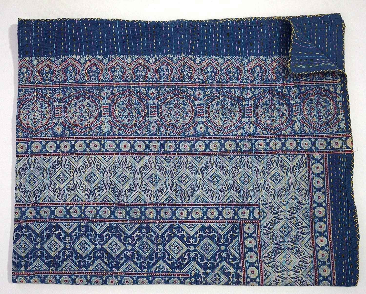 Blue Kantha Quilt, King Size Hand Stitch Kantha Ajrakh Bed